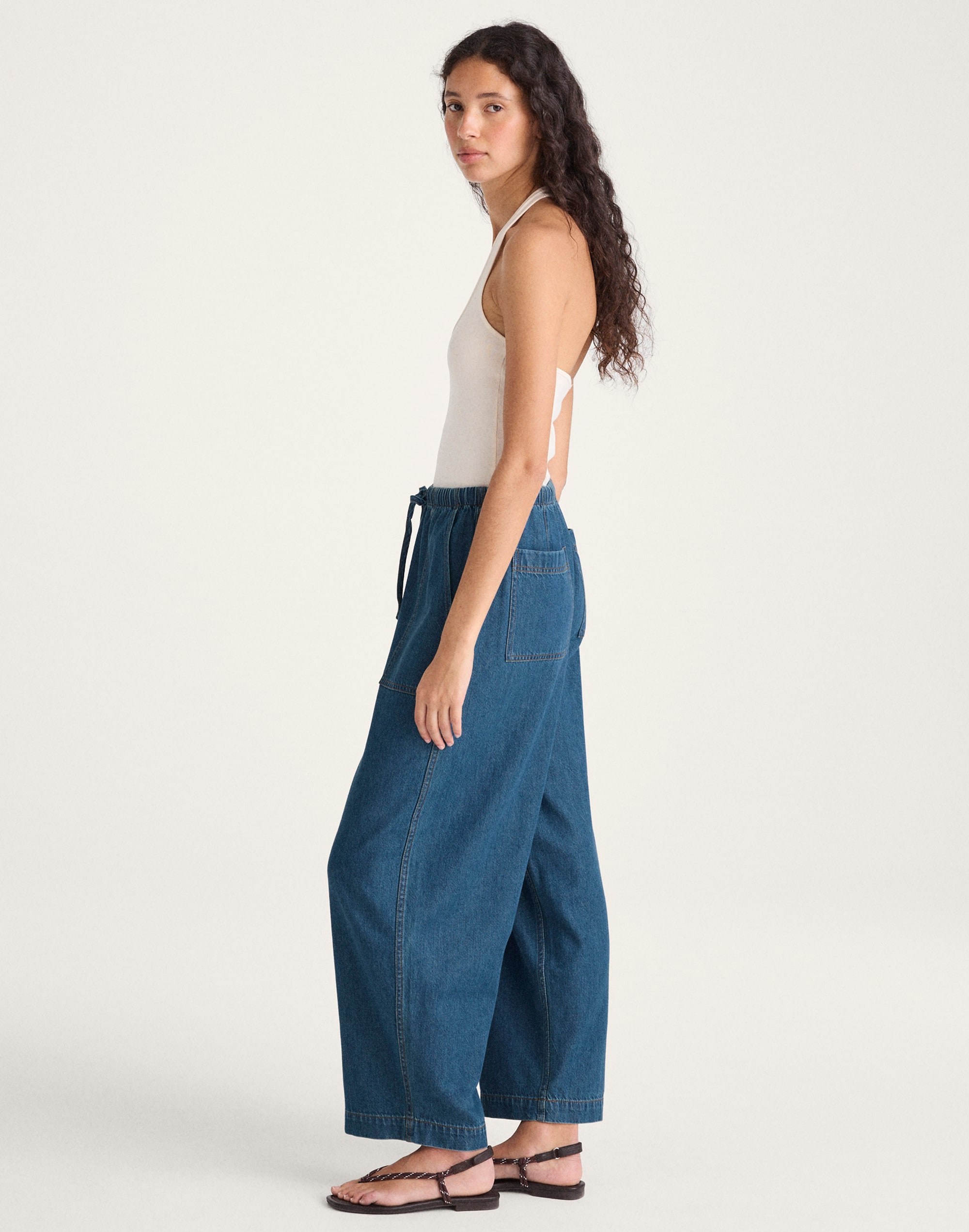 Pull-On Barrel-Leg Utility Pants in Airy Denim