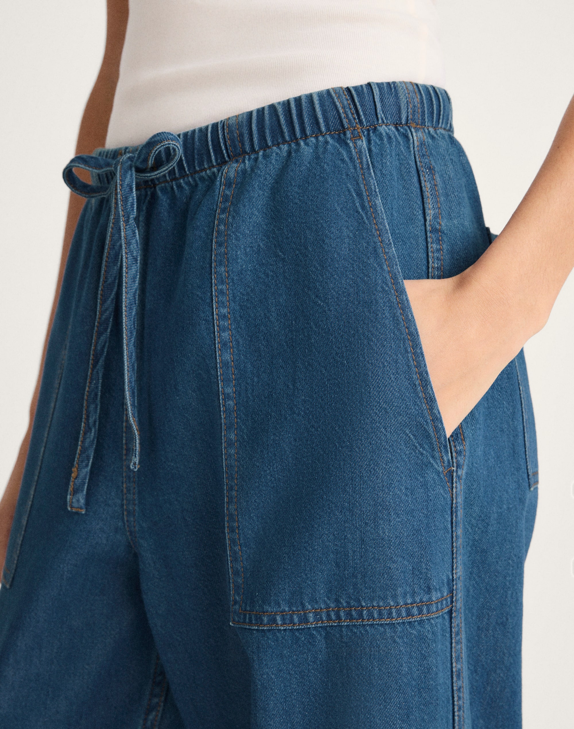 Pull-On Barrel-Leg Utility Pants in Airy Denim