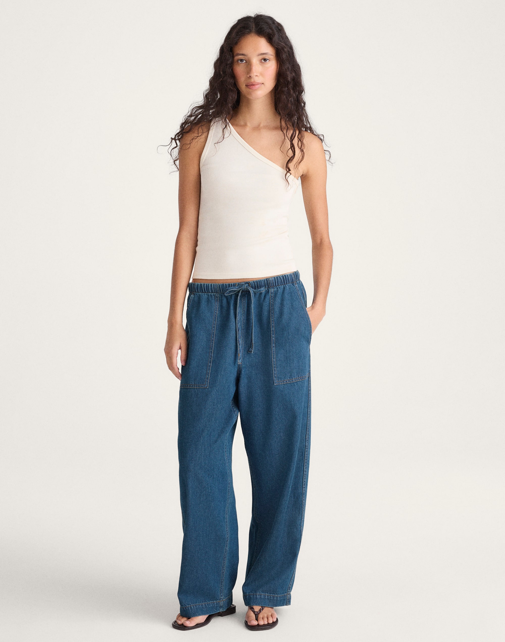 pull-on barrel-leg utility pants in airy denim