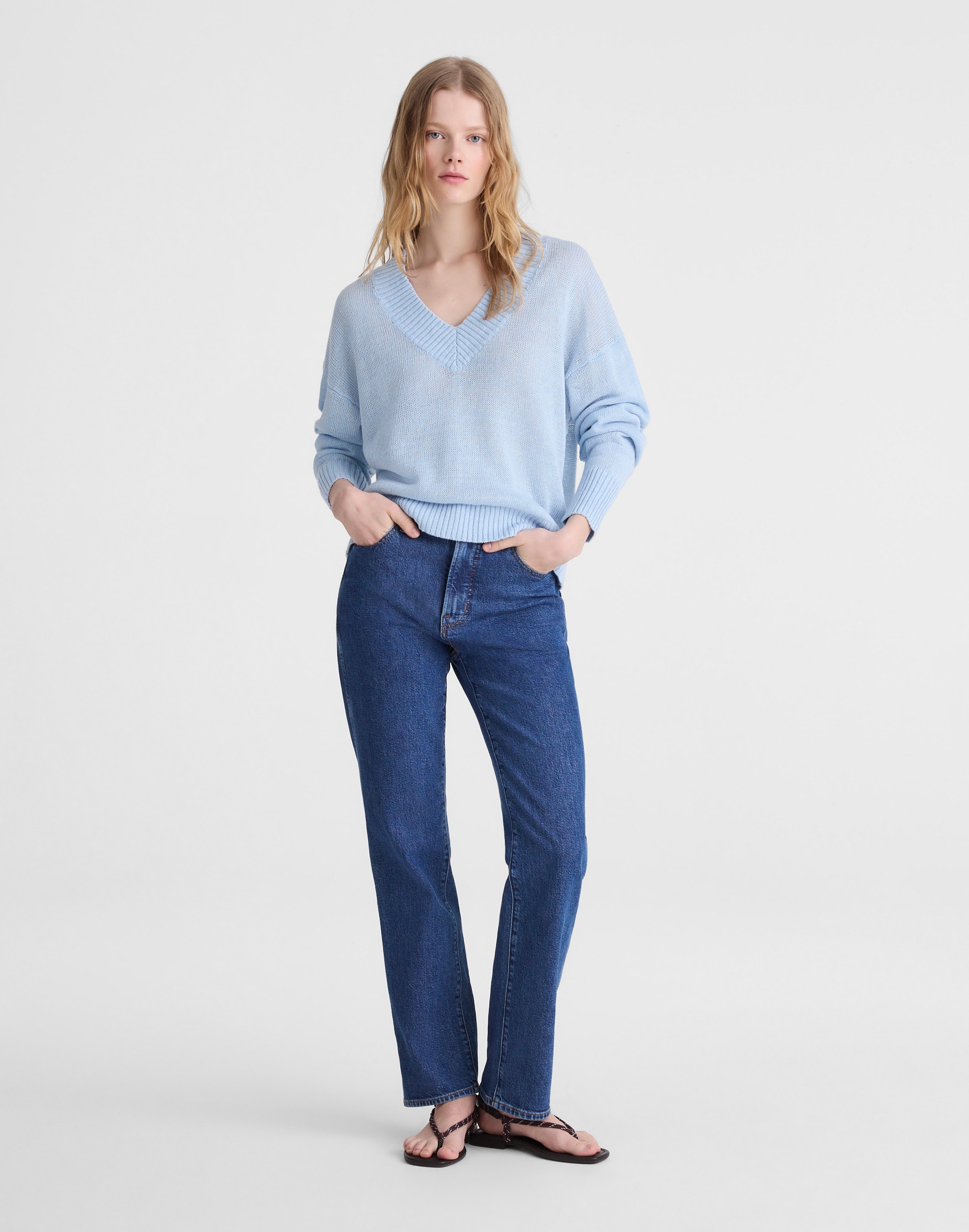 Deep V-Neck Sweater in 100% Linen