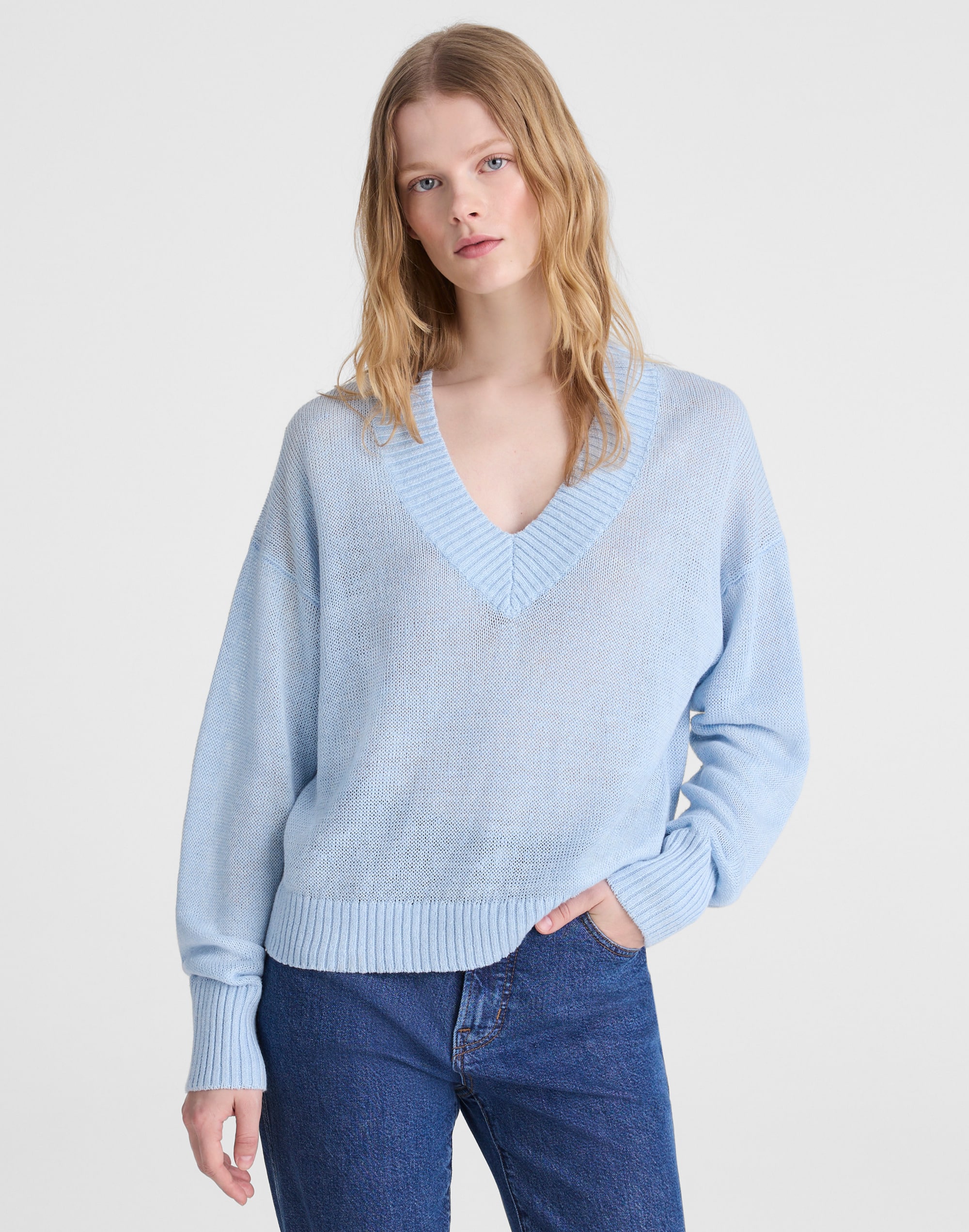 Deep V-Neck Sweater in 100% Linen