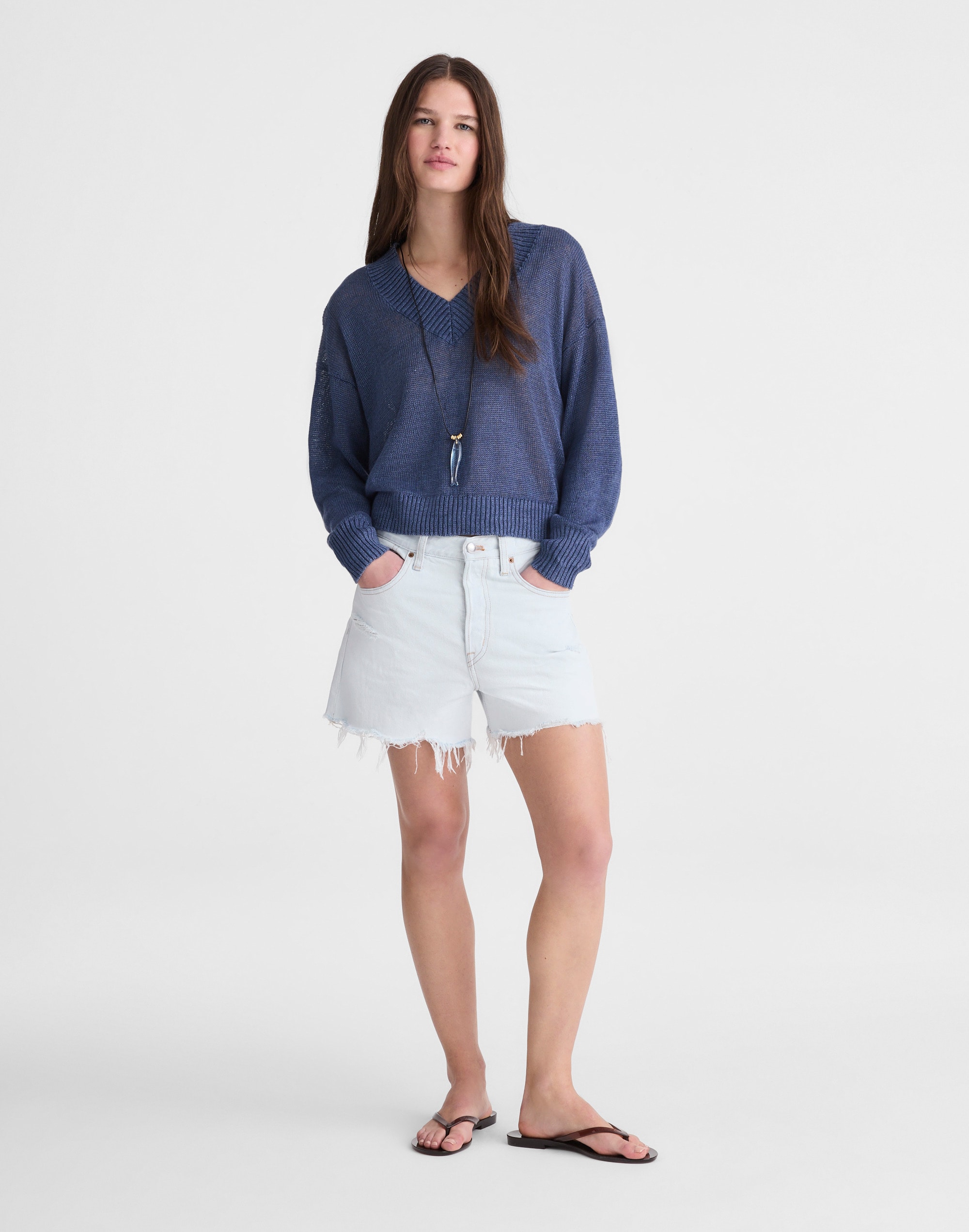 Deep V-Neck Sweater in 100% Linen