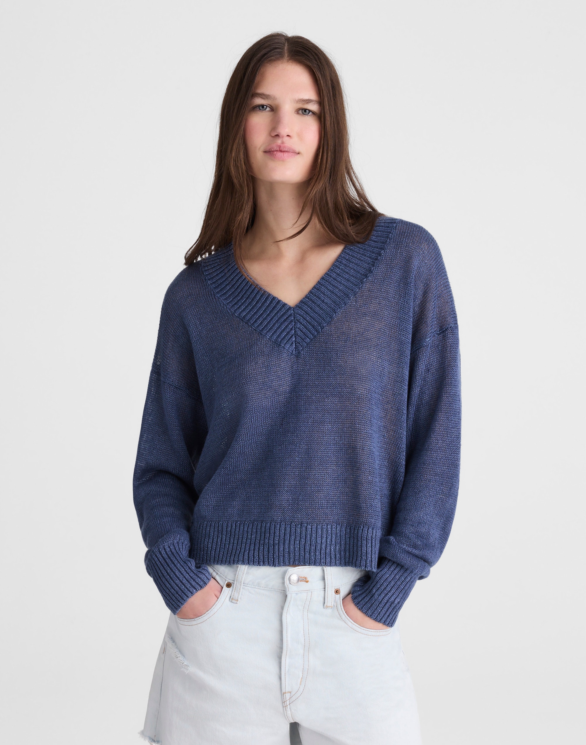 Deep V-Neck Sweater in 100% Linen