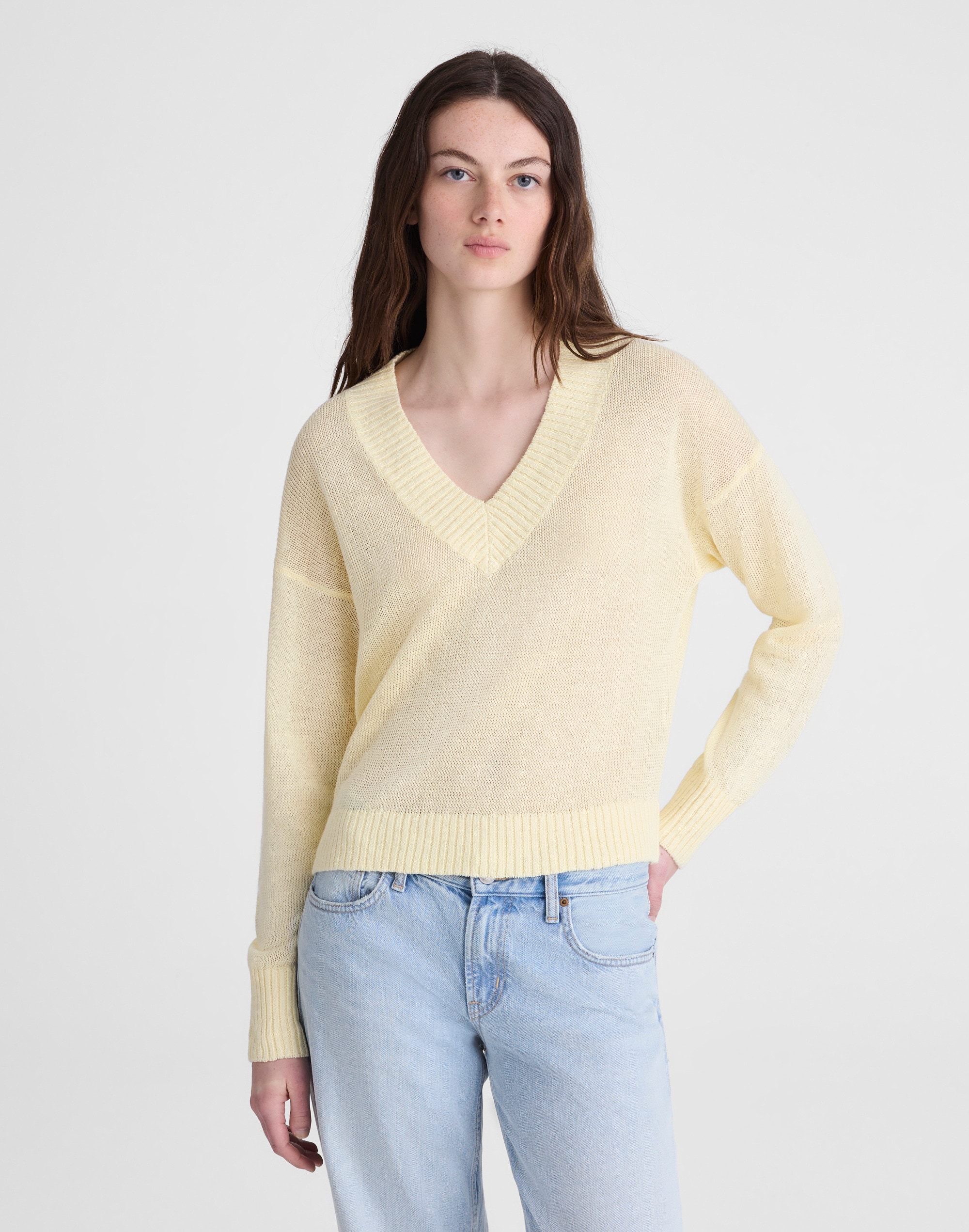 Deep V-Neck Sweater in 100% Linen