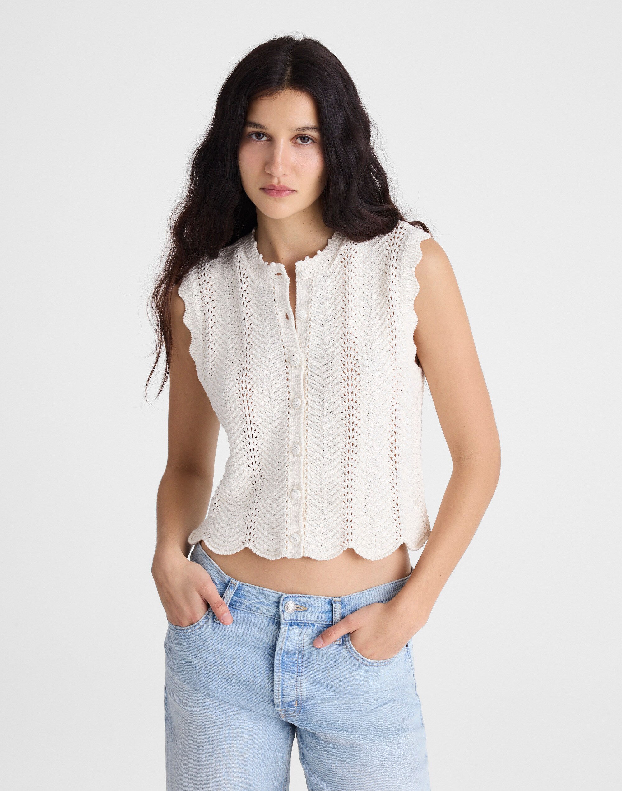 Wavy-Knit Button-Front Shell Top