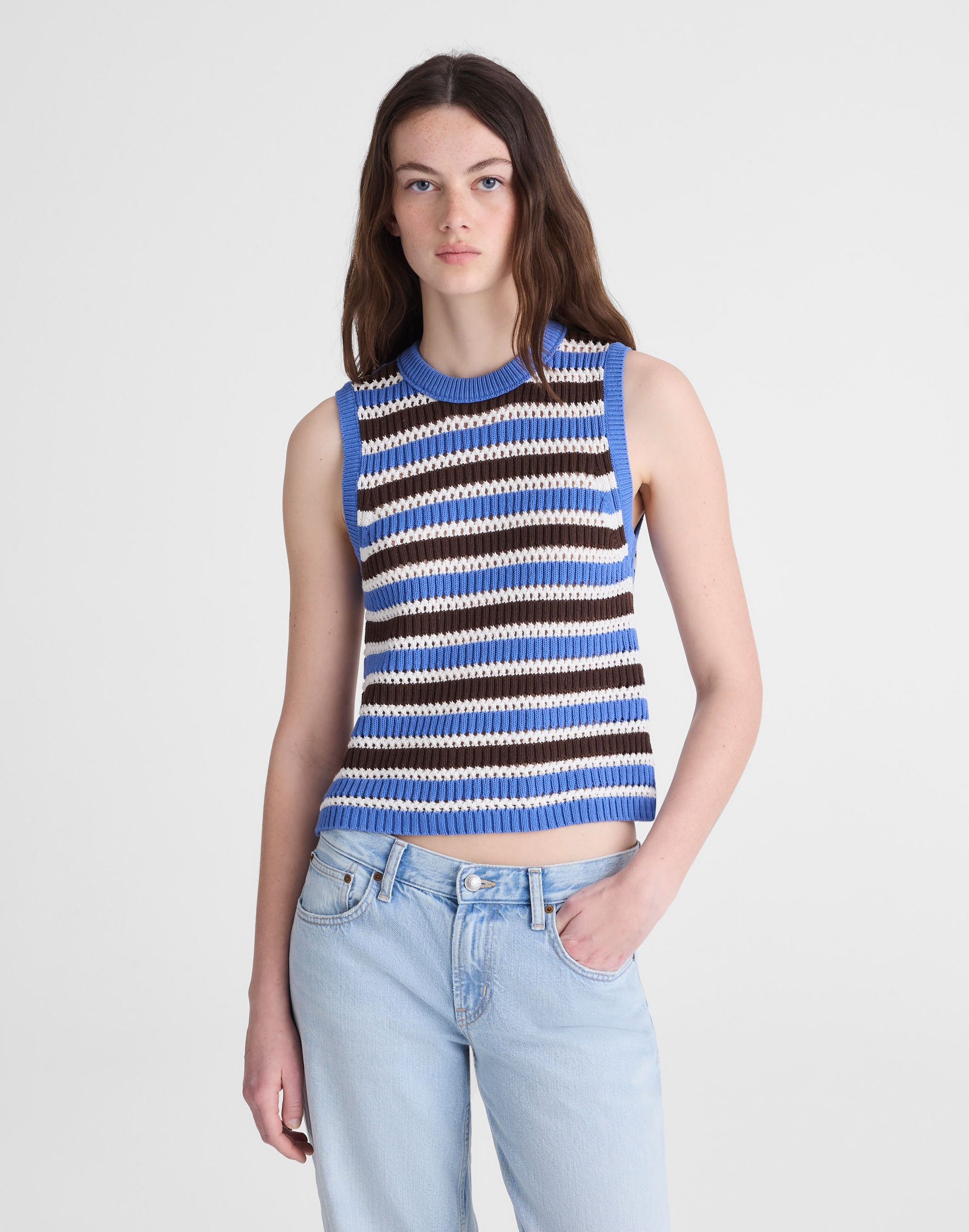 open-stitch sweater tank in 100% cotton