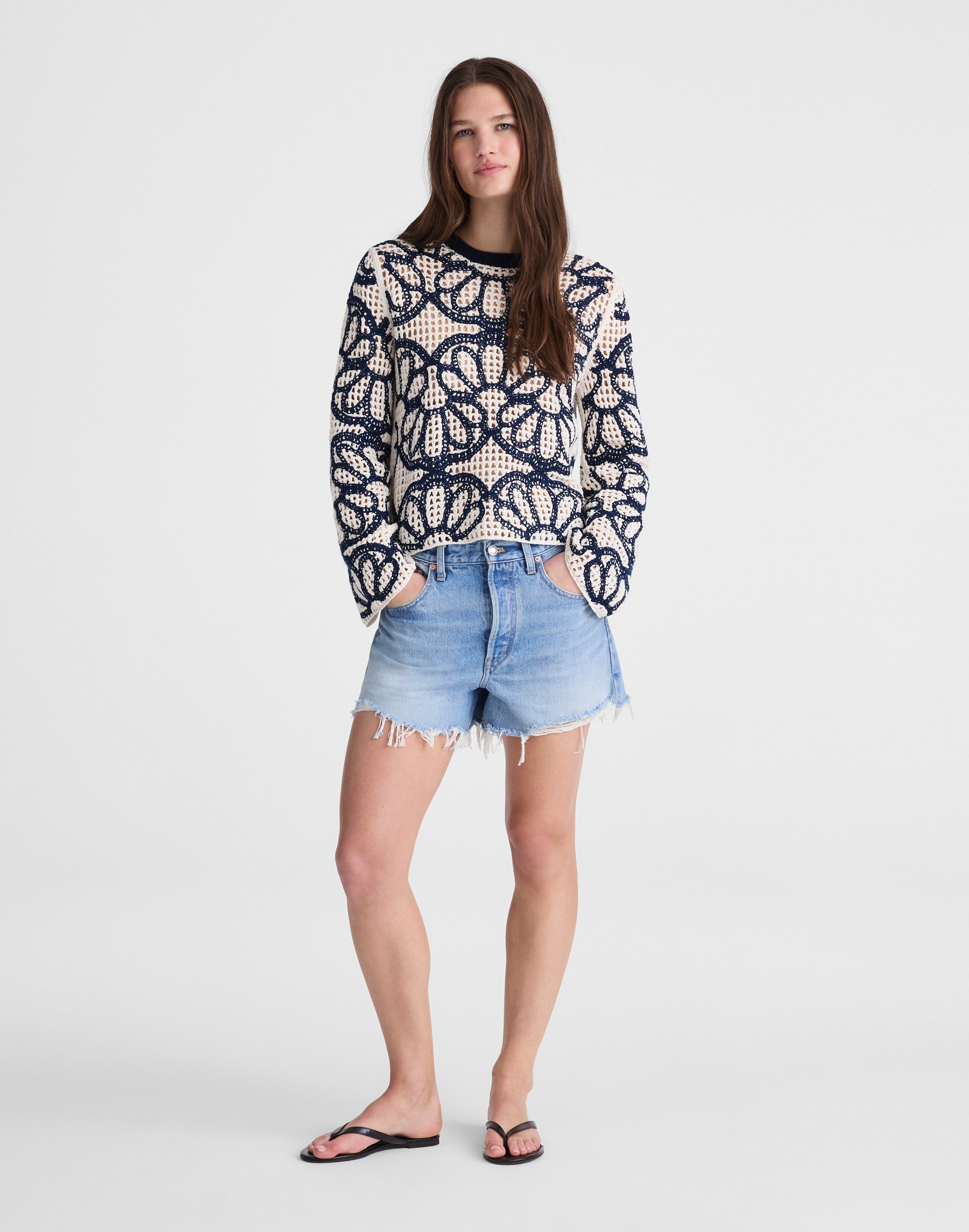 Floral-Embroidered Open-Stitch Sweater