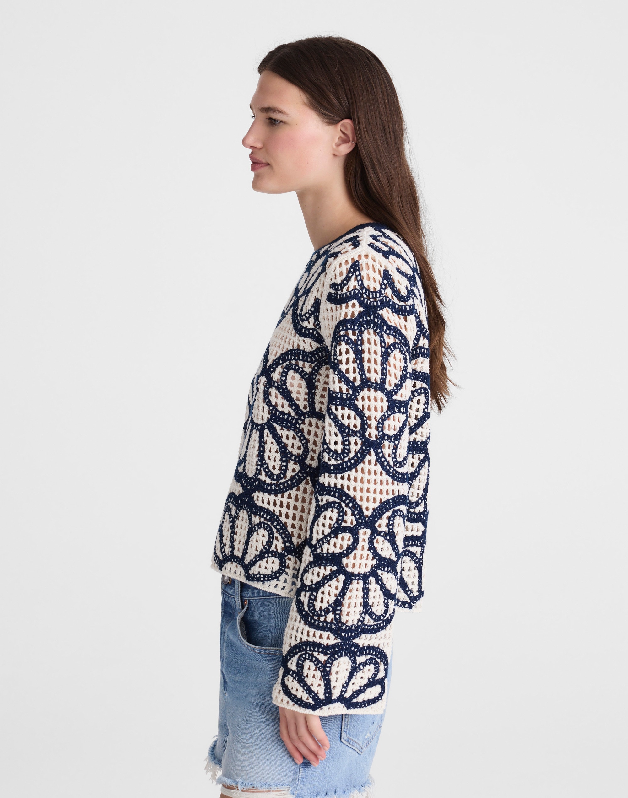 Floral-Embroidered Open-Stitch Sweater