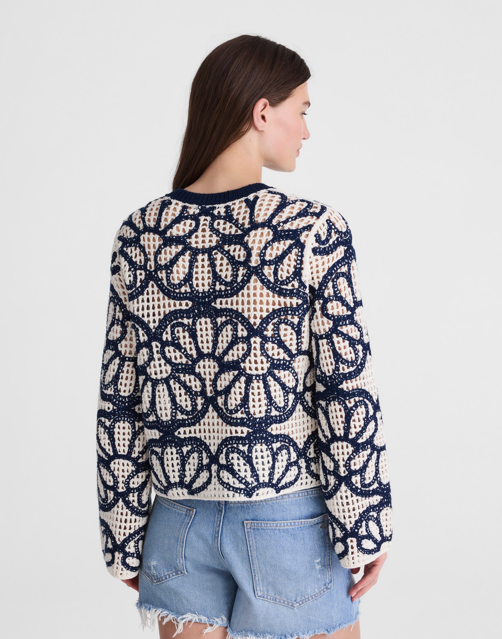 Floral-Embroidered Open-Stitch Sweater