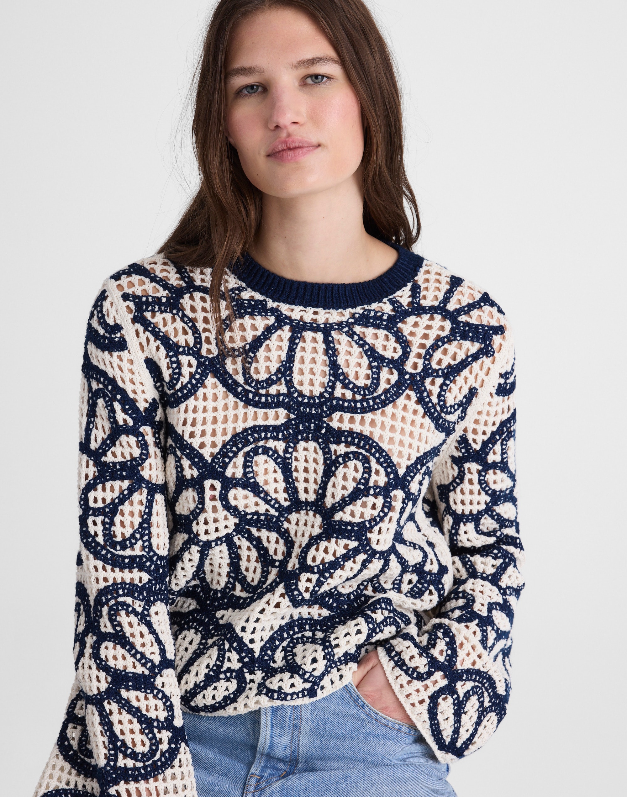 Floral-Embroidered Open-Stitch Sweater