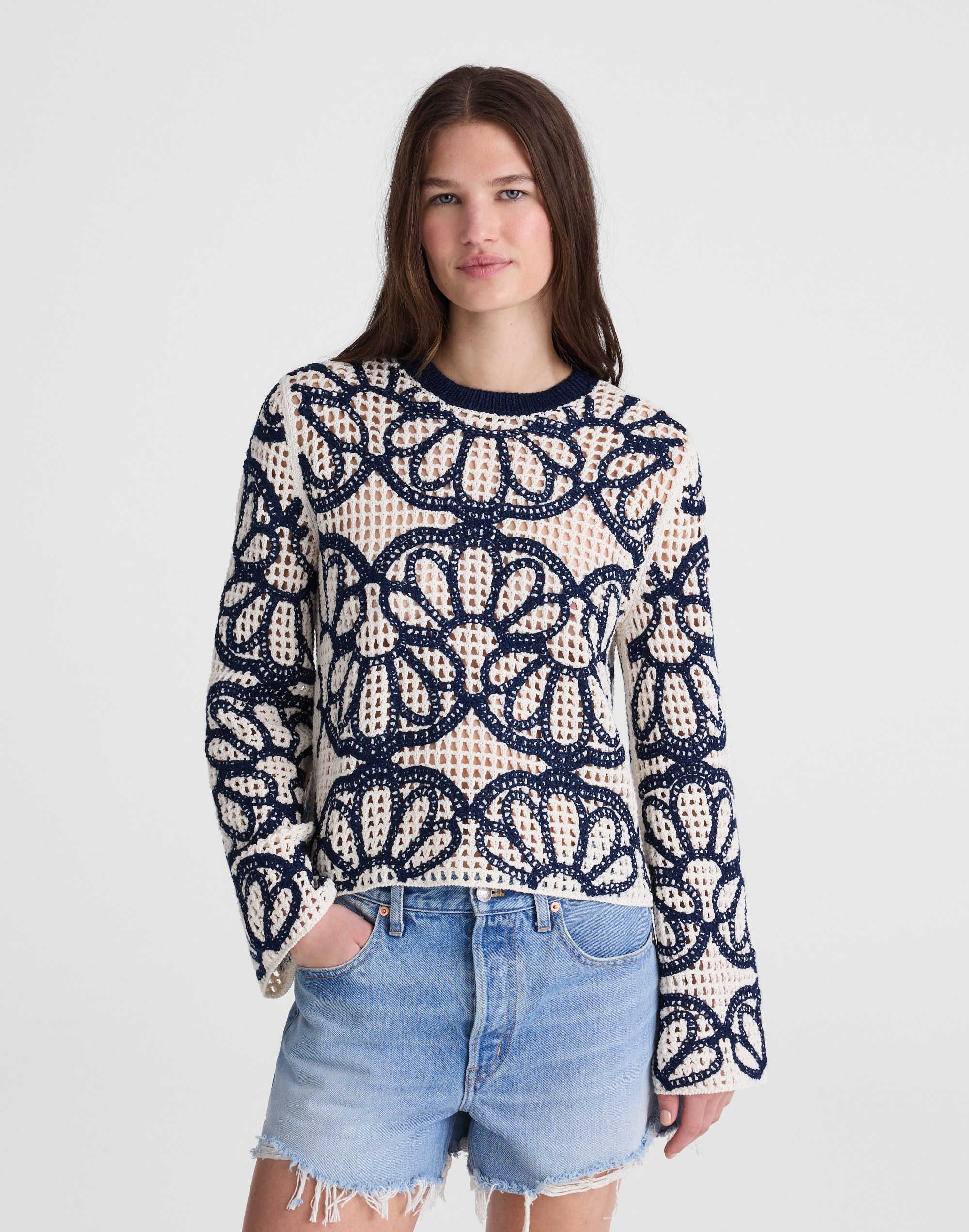 Floral-Embroidered Open-Stitch Sweater
