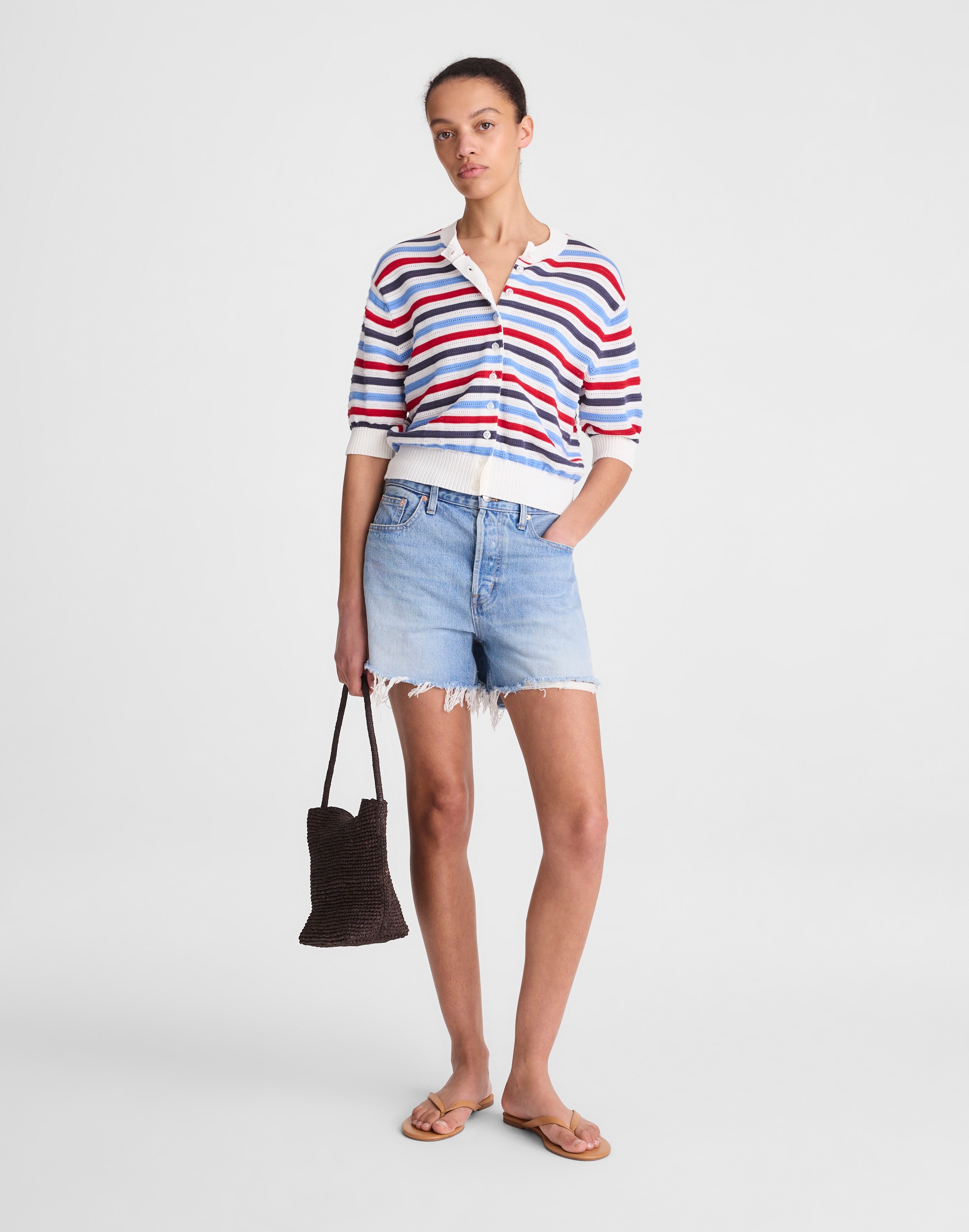 Textured Short-Sleeve Cardigan in 100% Cotton