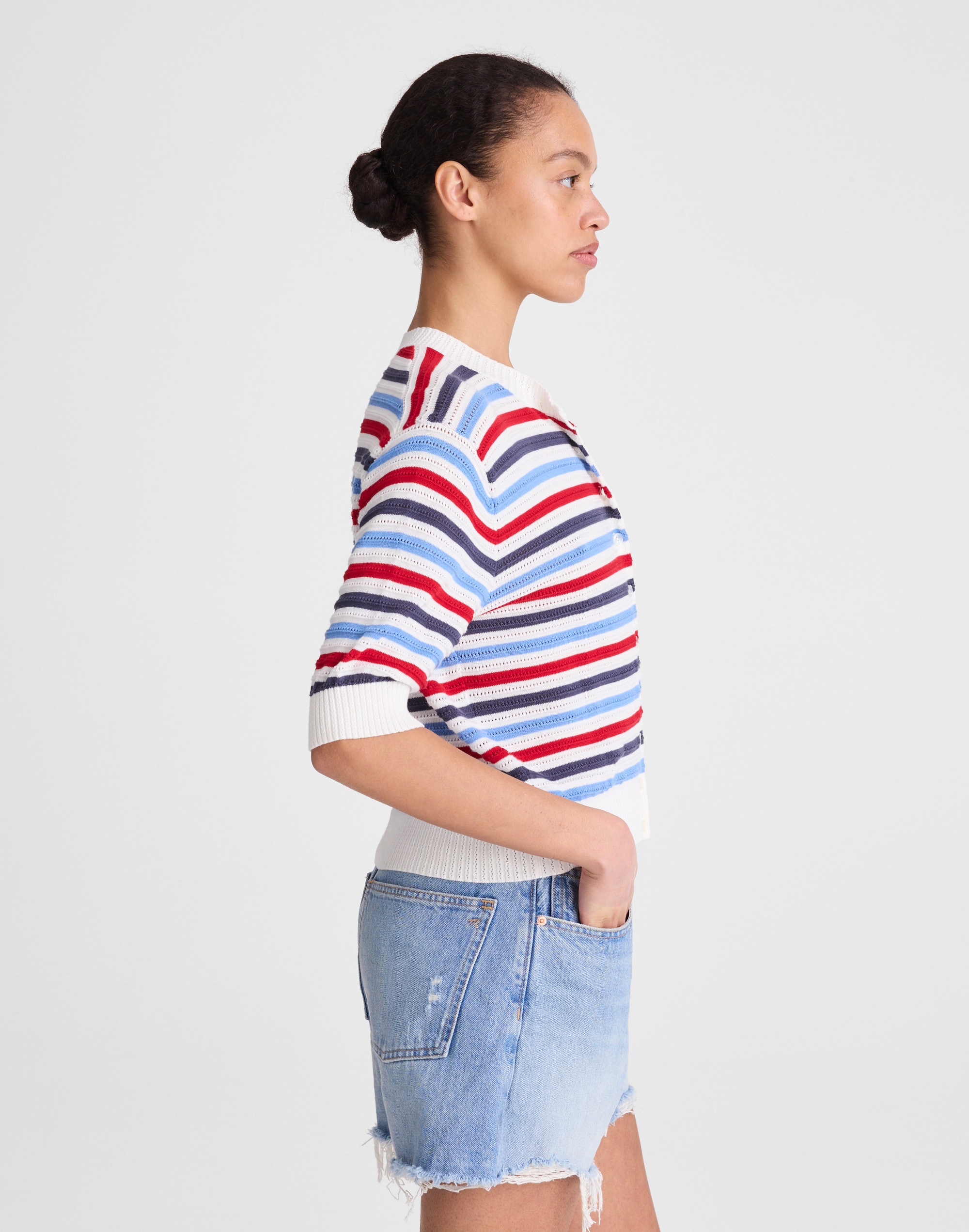 Textured Short-Sleeve Cardigan in 100% Cotton