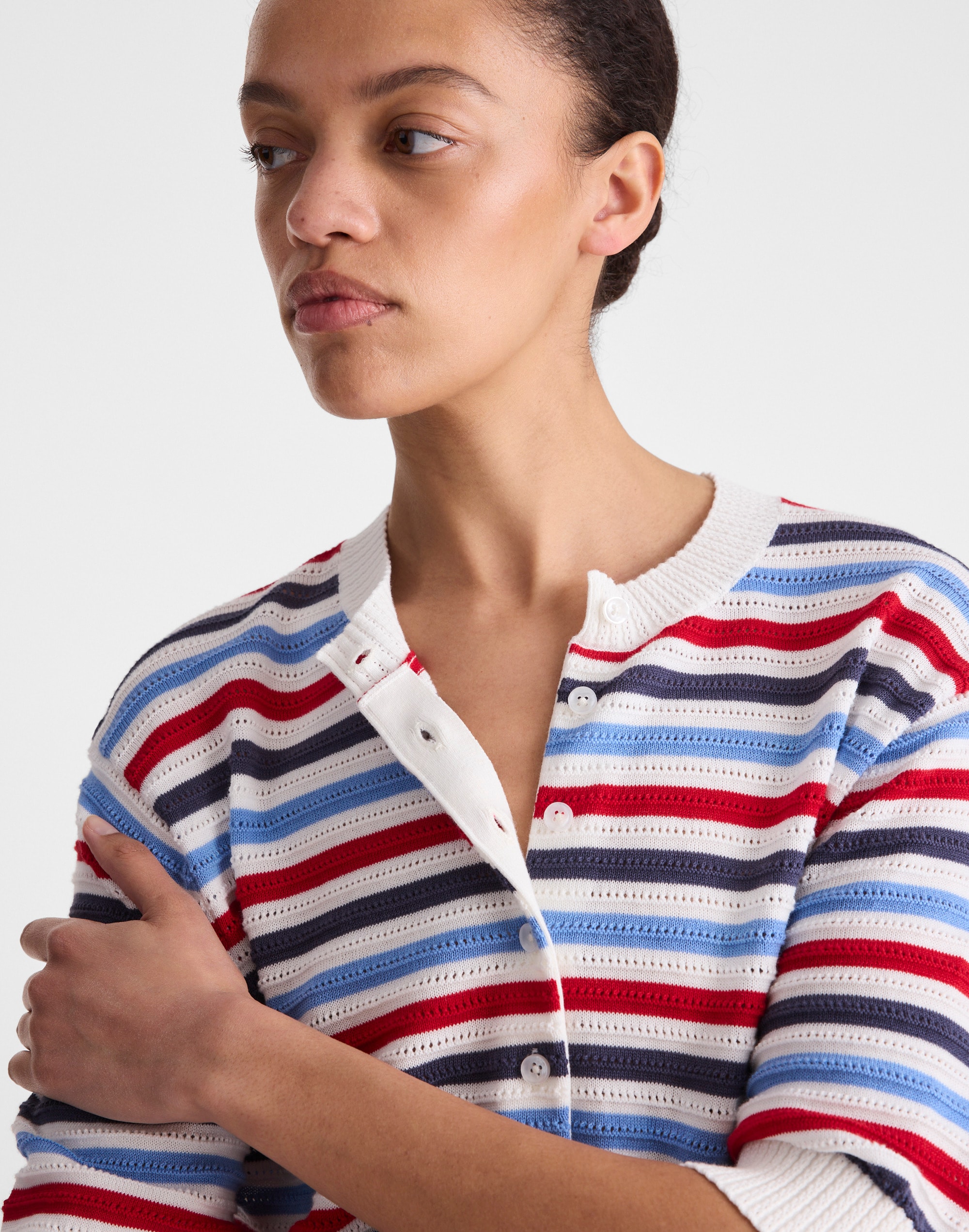 Textured Short-Sleeve Cardigan in 100% Cotton