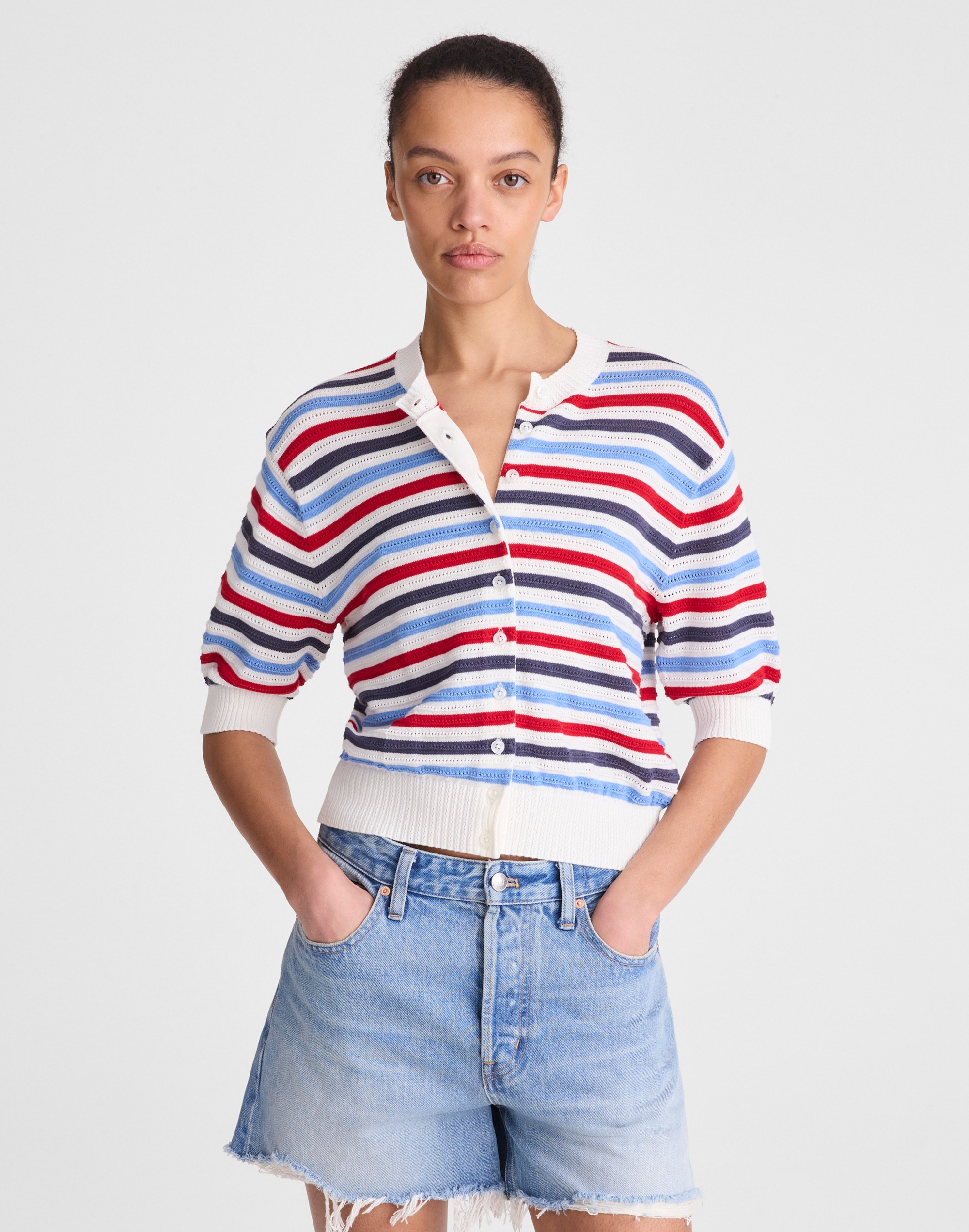 Textured Short-Sleeve Cardigan in 100% Cotton