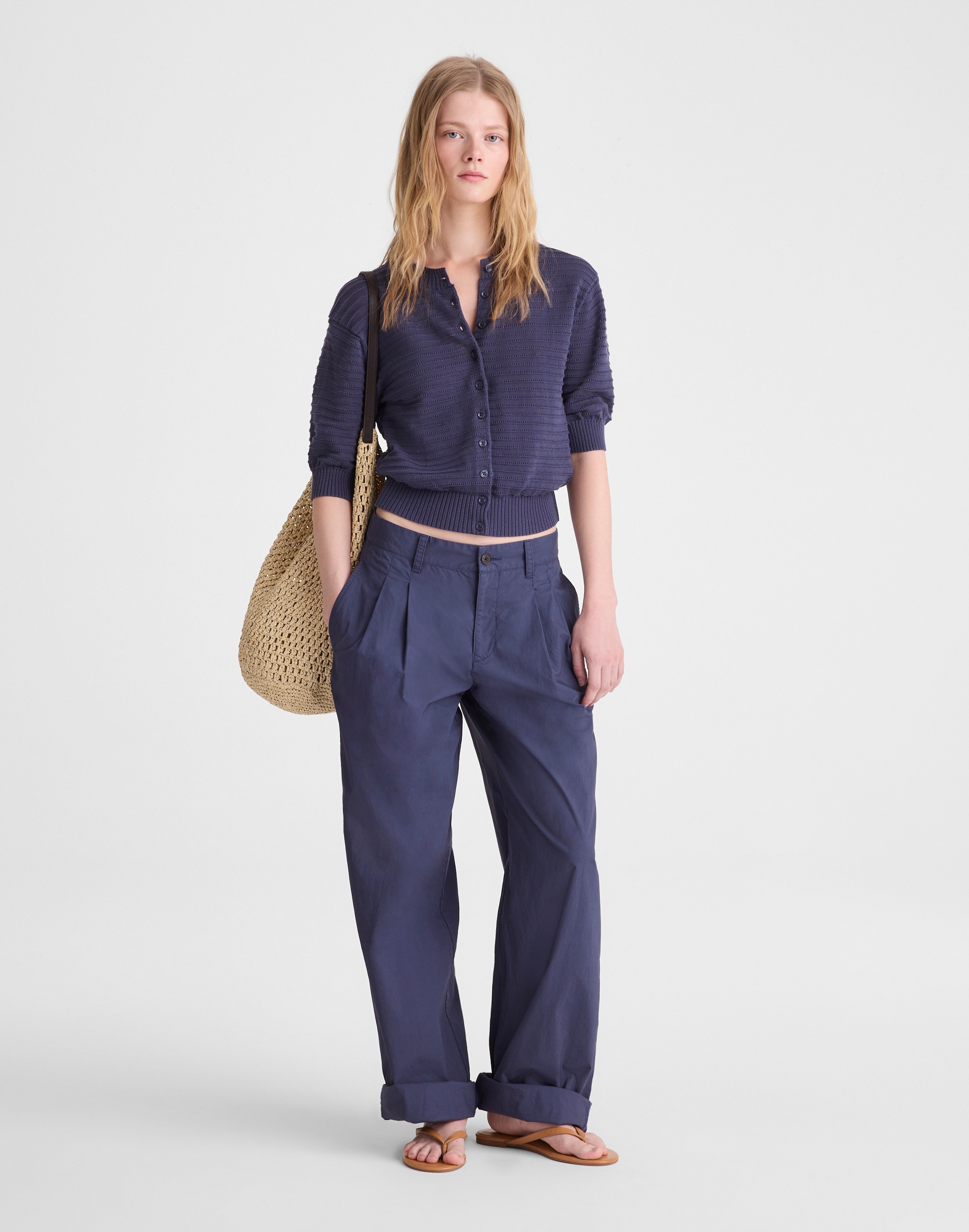 Textured Short-Sleeve Cardigan in 100% Cotton