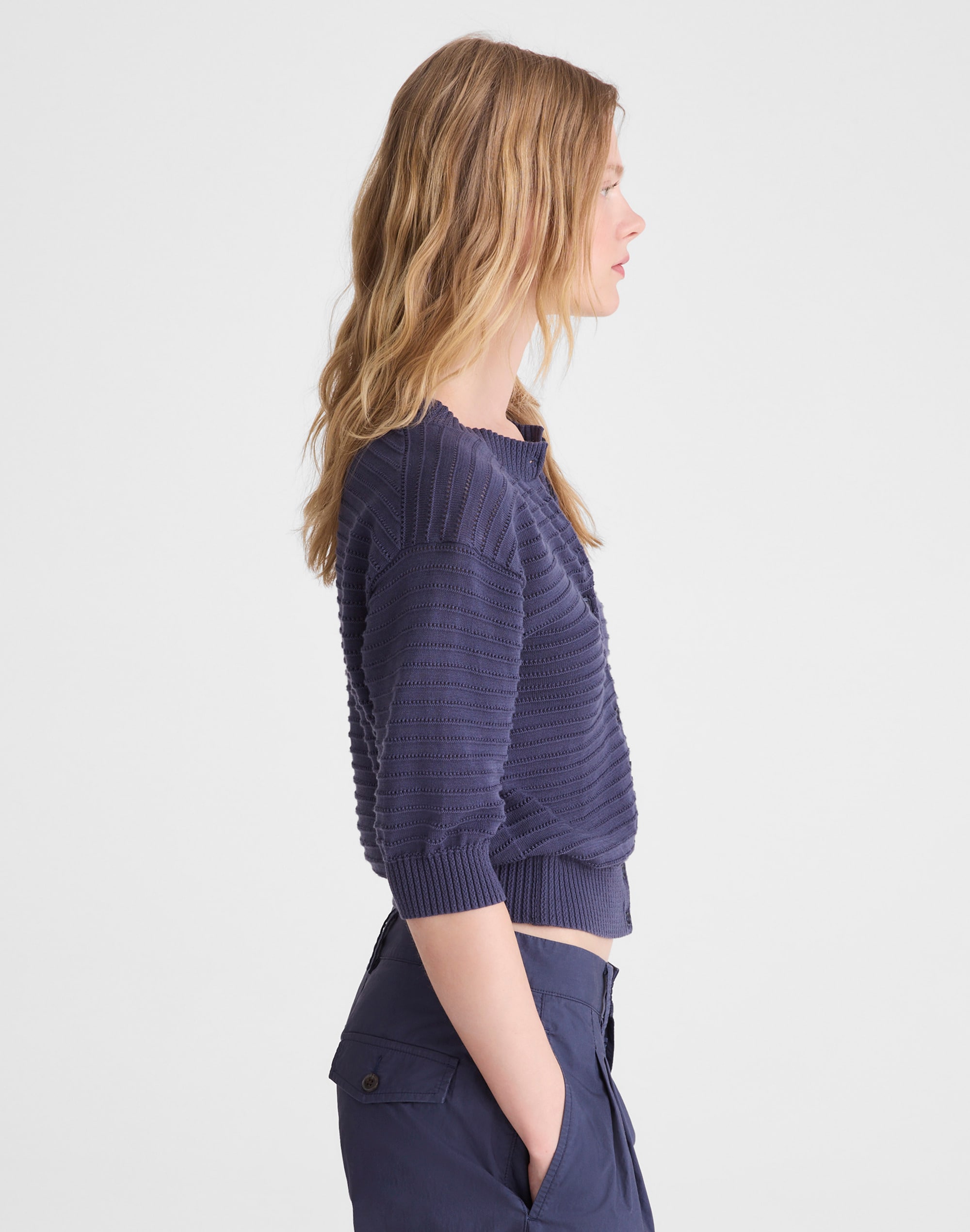 Textured Short-Sleeve Cardigan in 100% Cotton