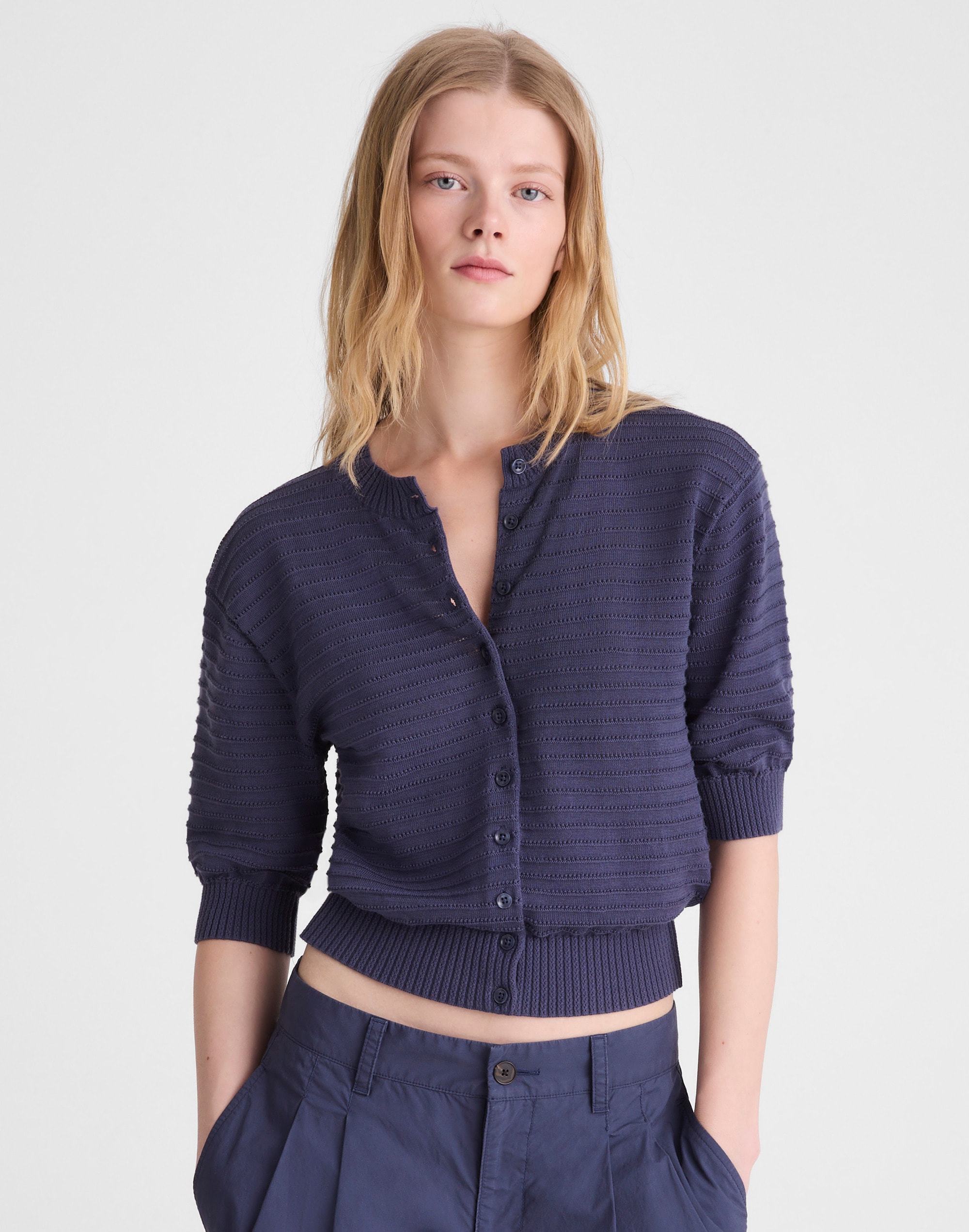 Textured Short-Sleeve Cardigan in 100% Cotton