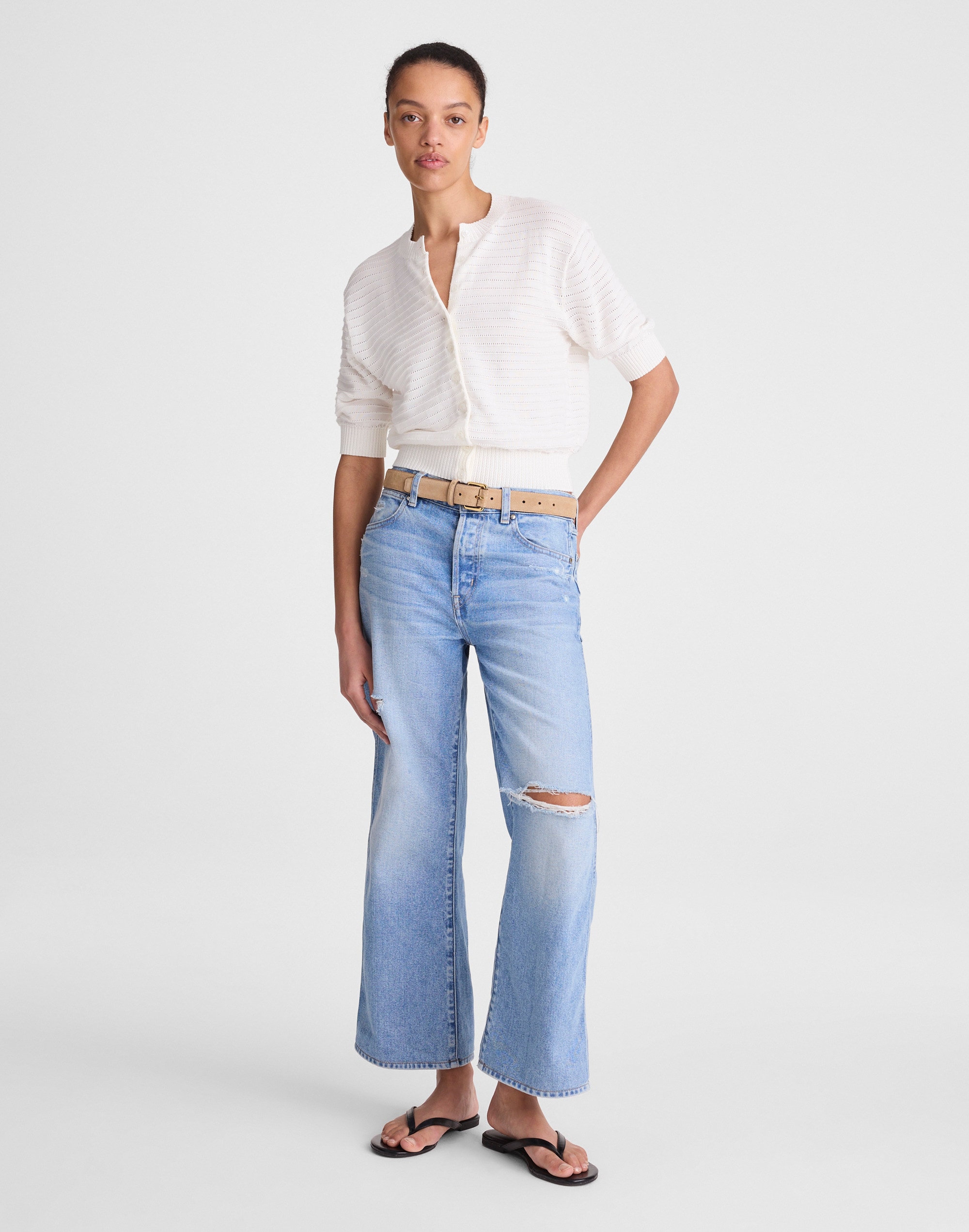 Textured Short-Sleeve Cardigan in 100% Cotton