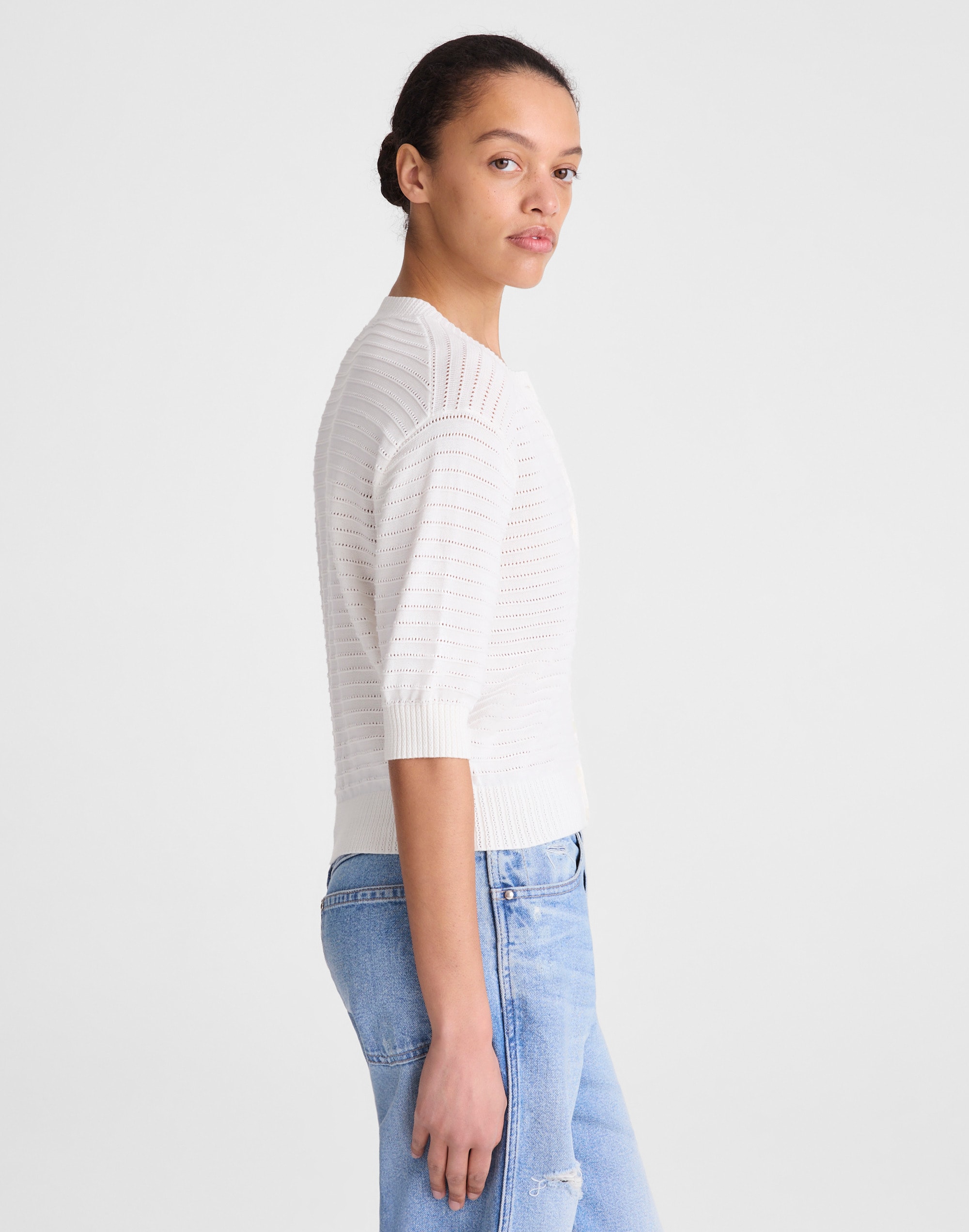 Textured Short-Sleeve Cardigan in 100% Cotton