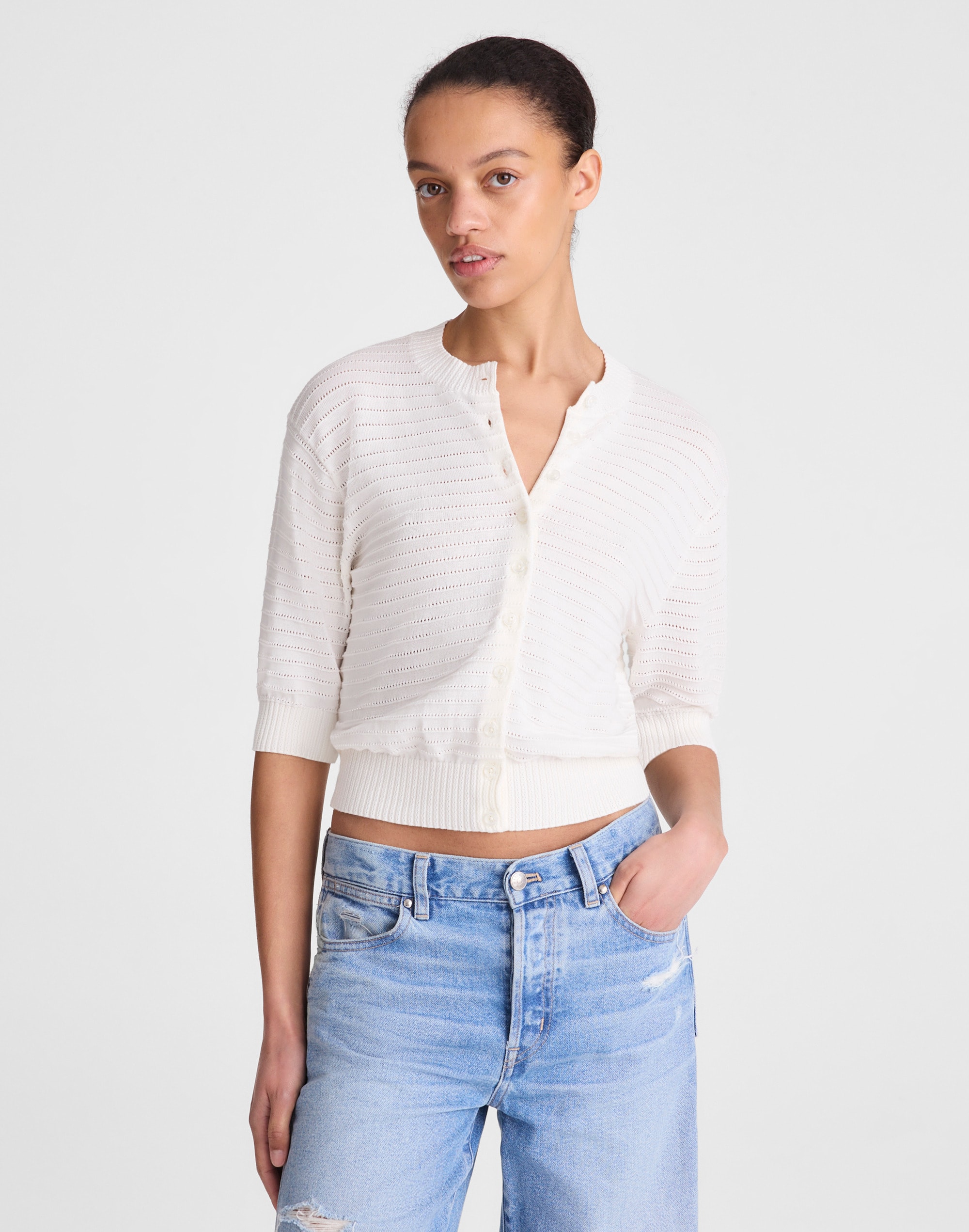 Madewell Textured Short-sleeve Cardigan In White