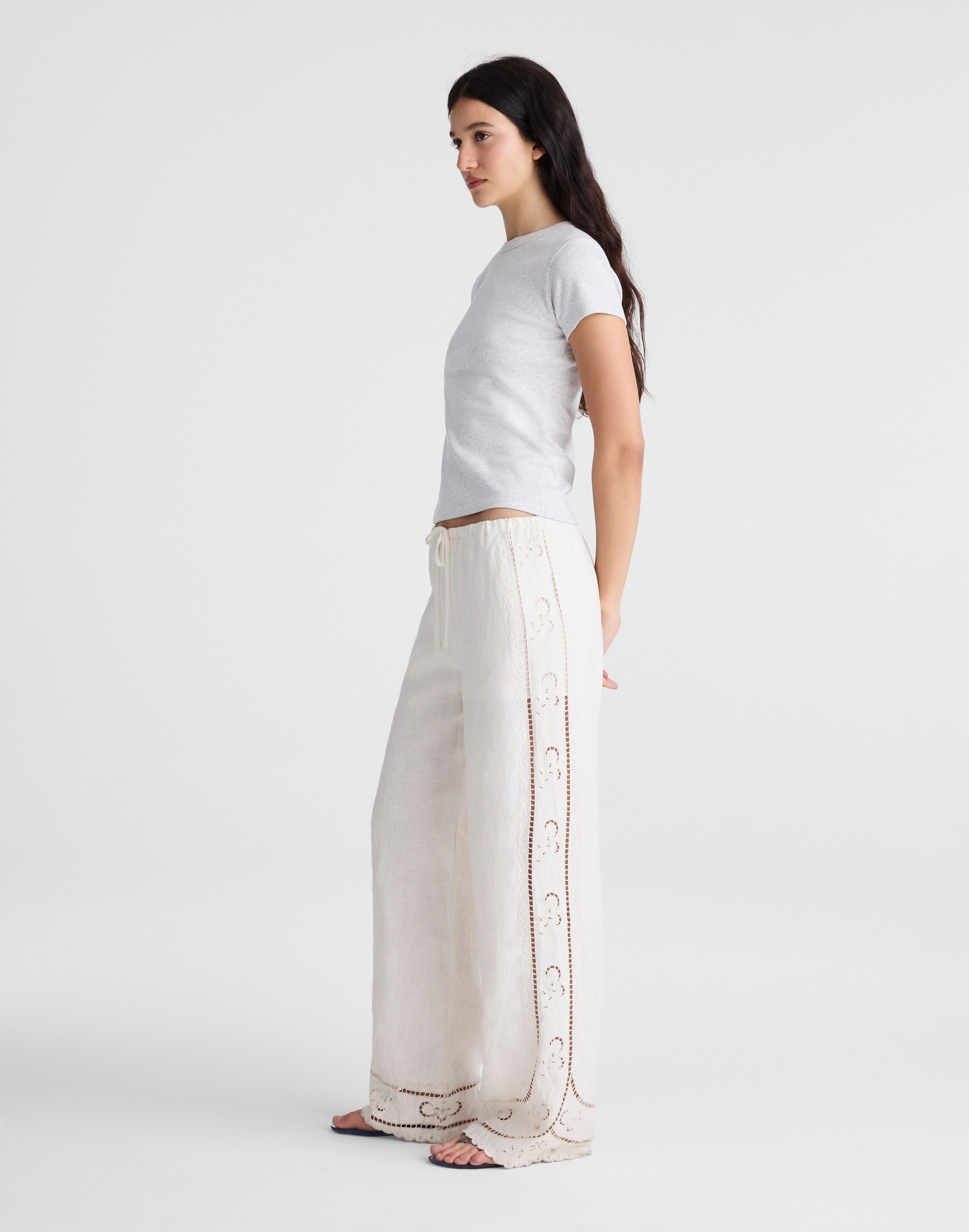 Eyelet Drawstring Pants in 100% Linen