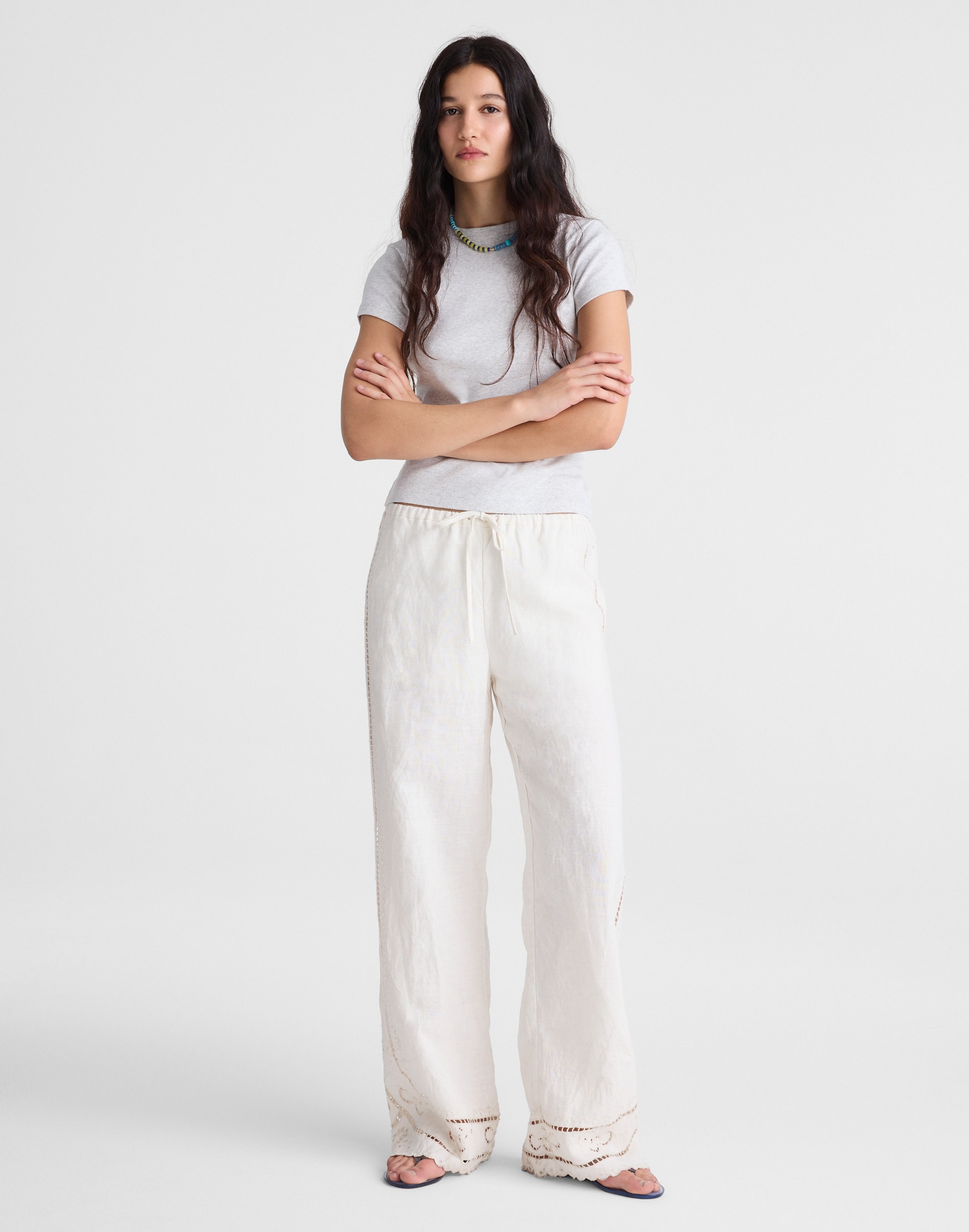 eyelet drawstring pants in 100% linen