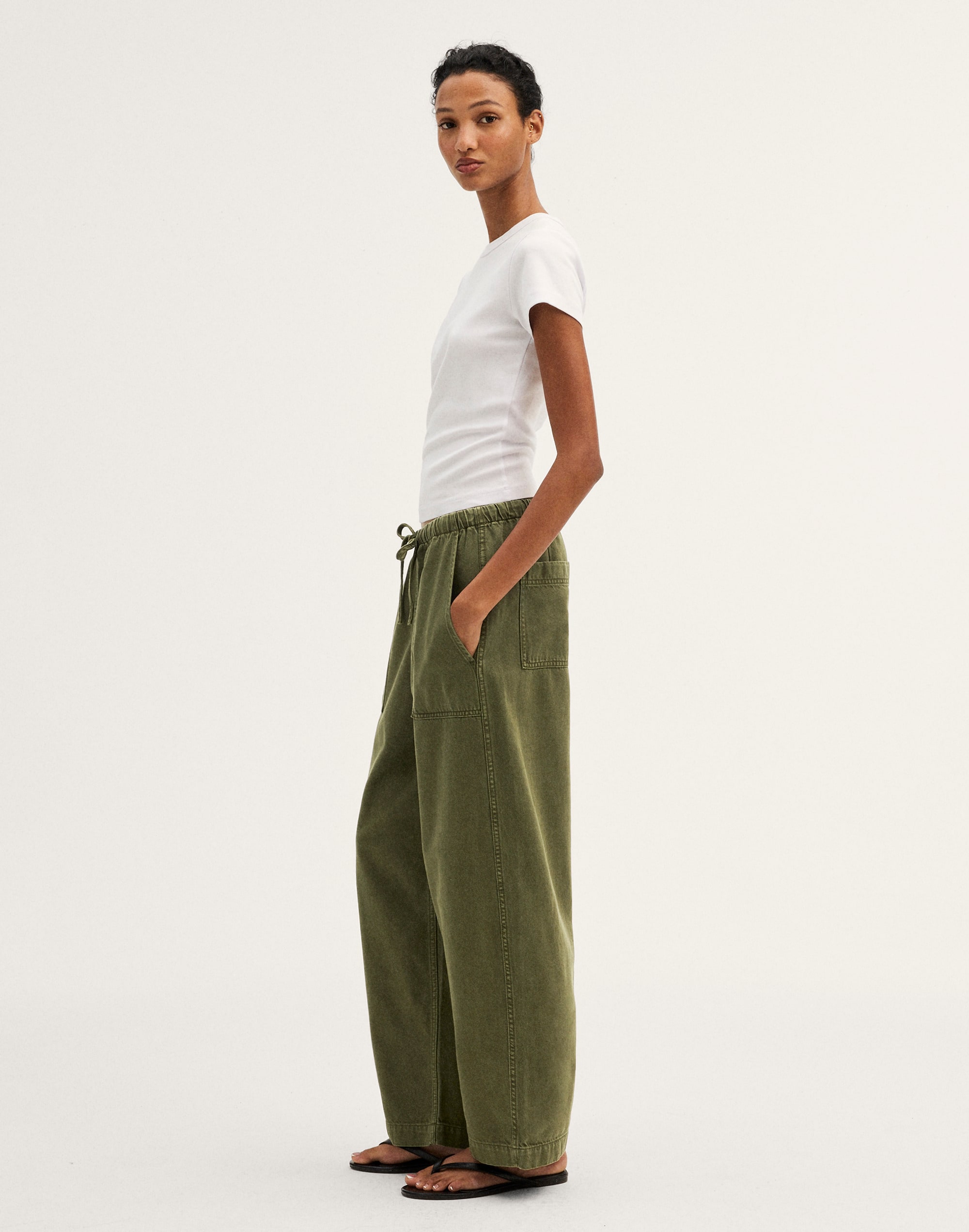 Pull-On Barrel-Leg Utility Pants in Airy Denim