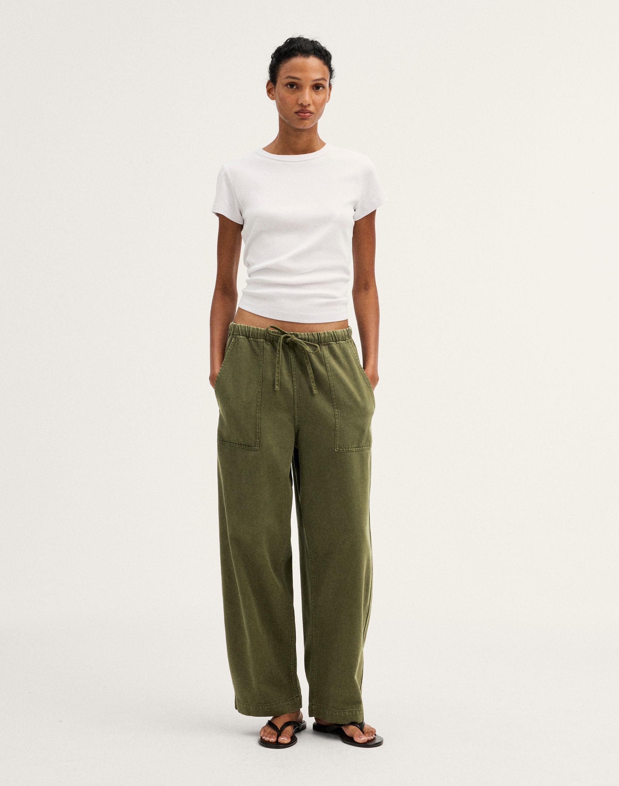 pull-on barrel-leg utility pants in airy denim