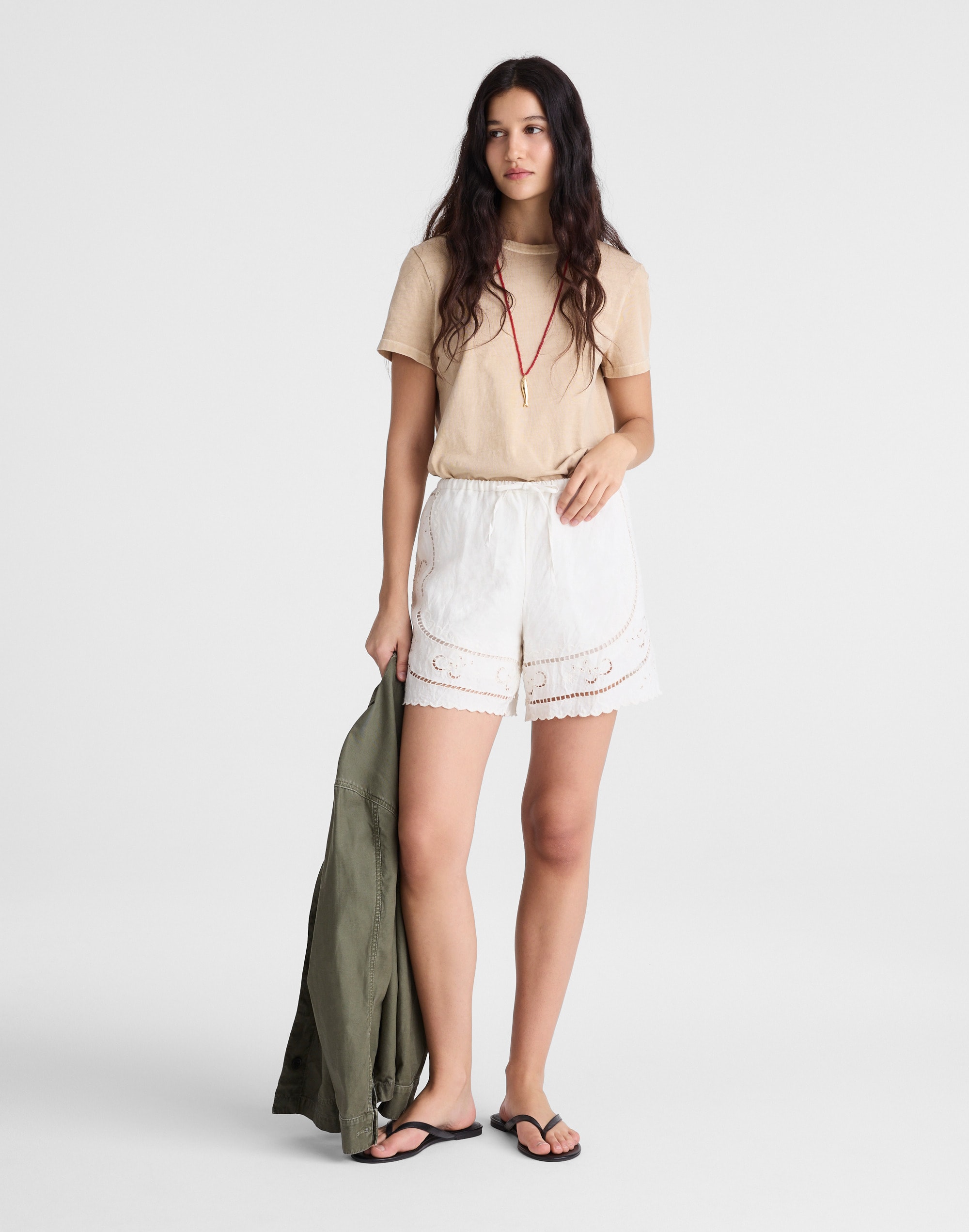 eyelet drawstring shorts in 100% linen