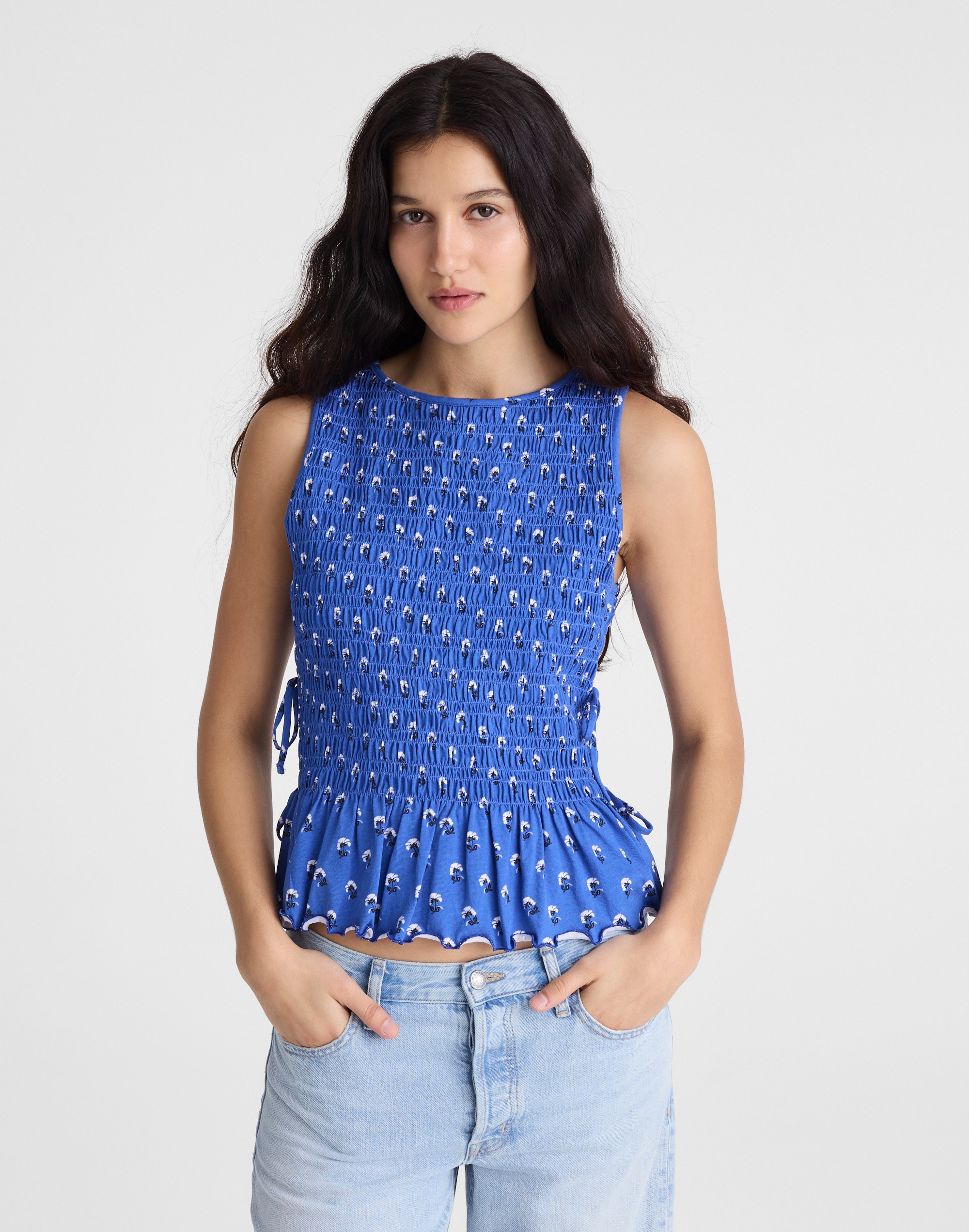 Madewell Side-tie Smocked Tank In Blue
