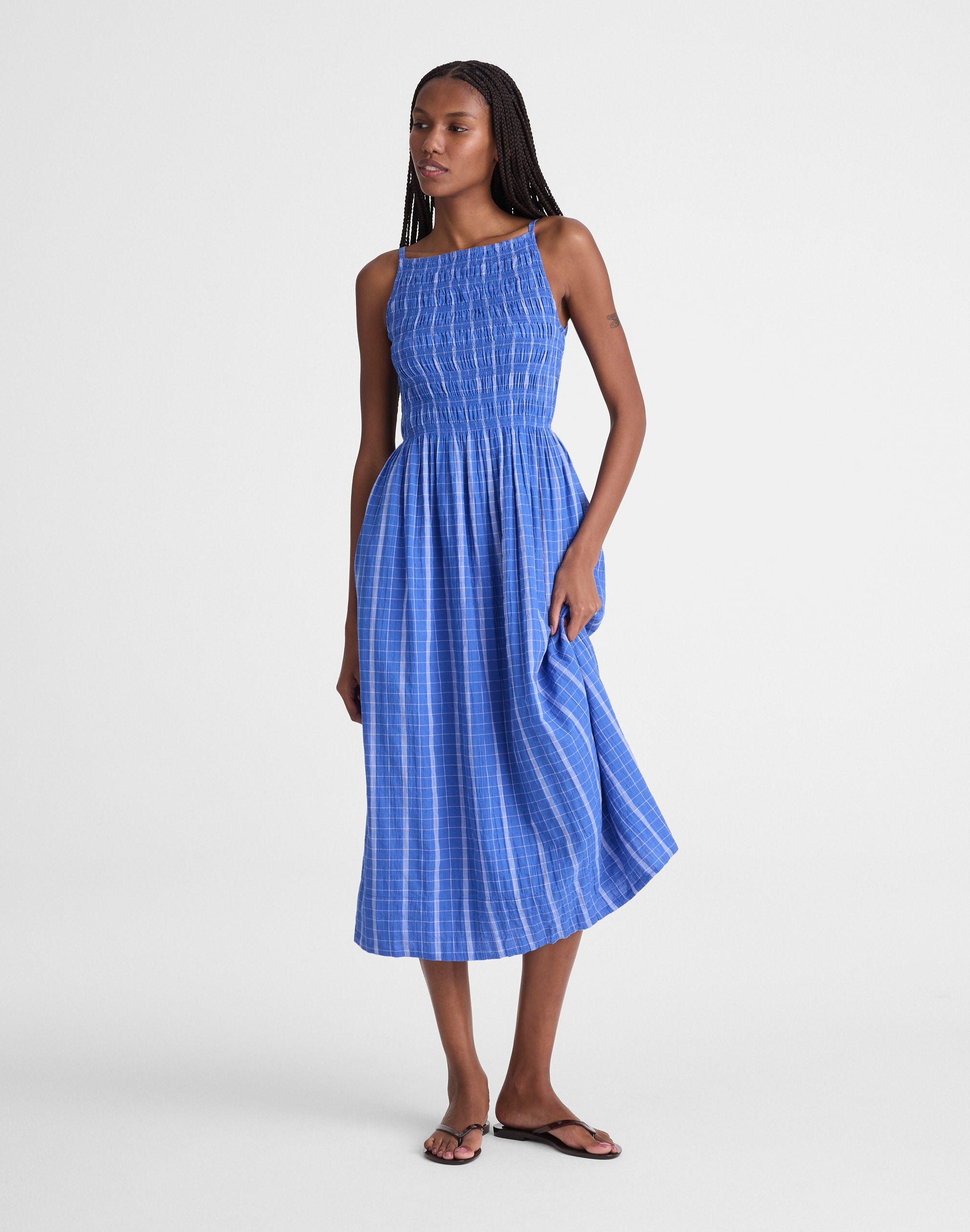 smocked high-neck midi dress in plaid