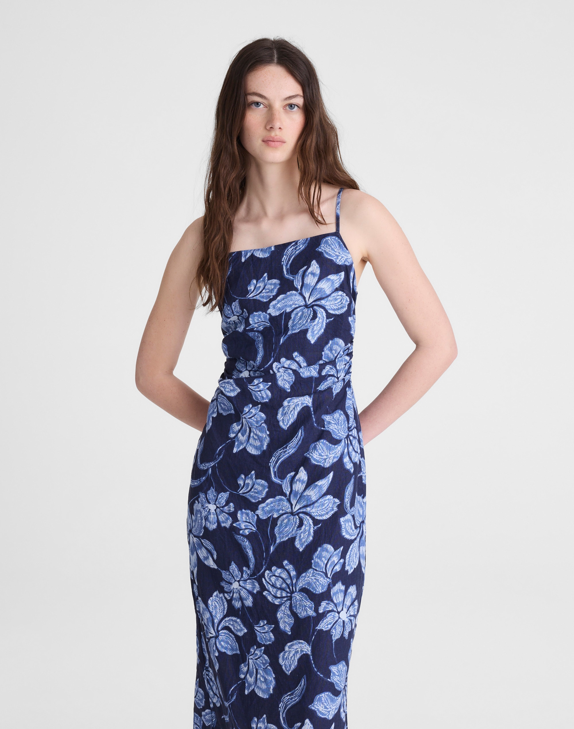 Ruched Squareneck Sleeveless Midi Dress