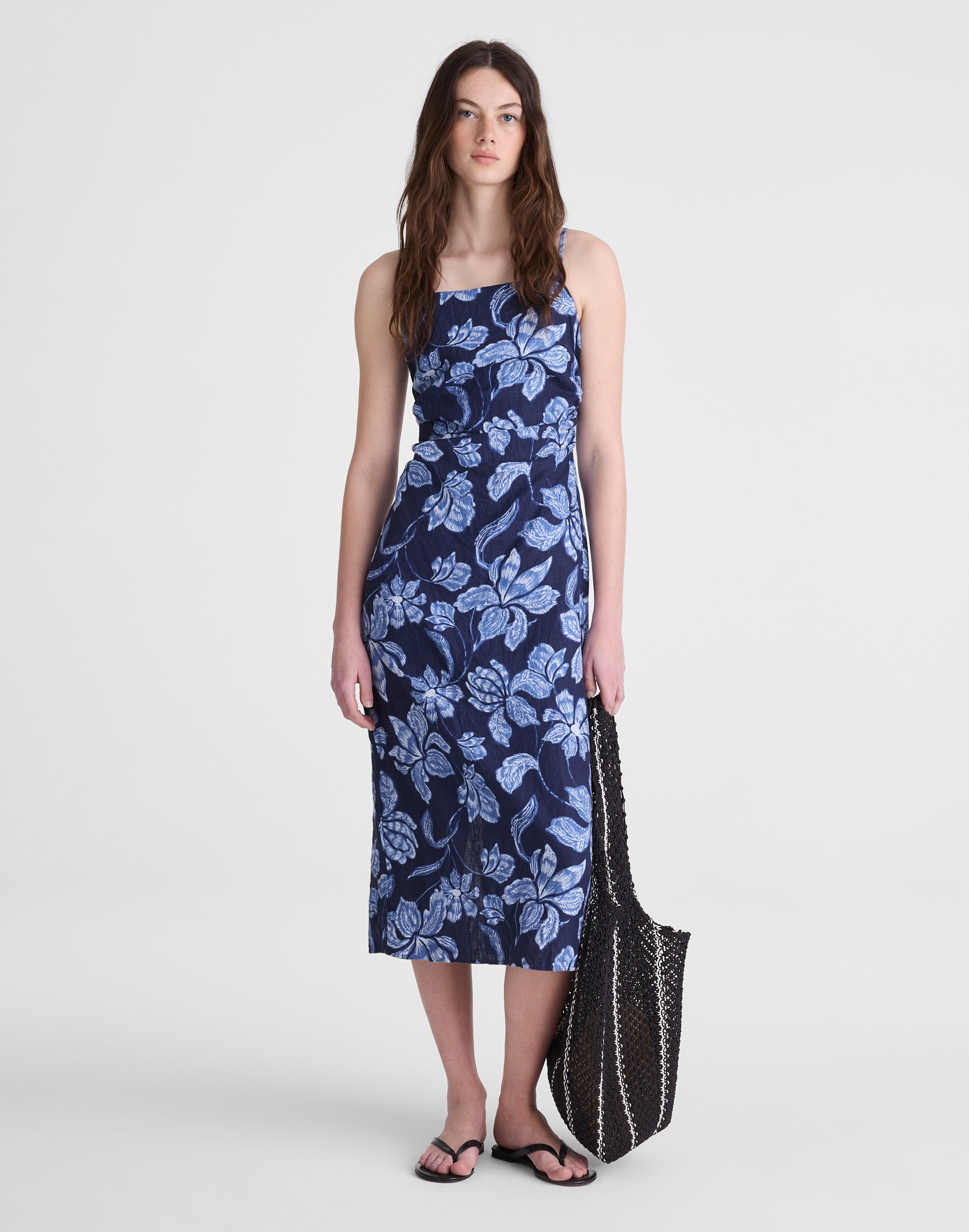 ruched squareneck sleeveless midi dress