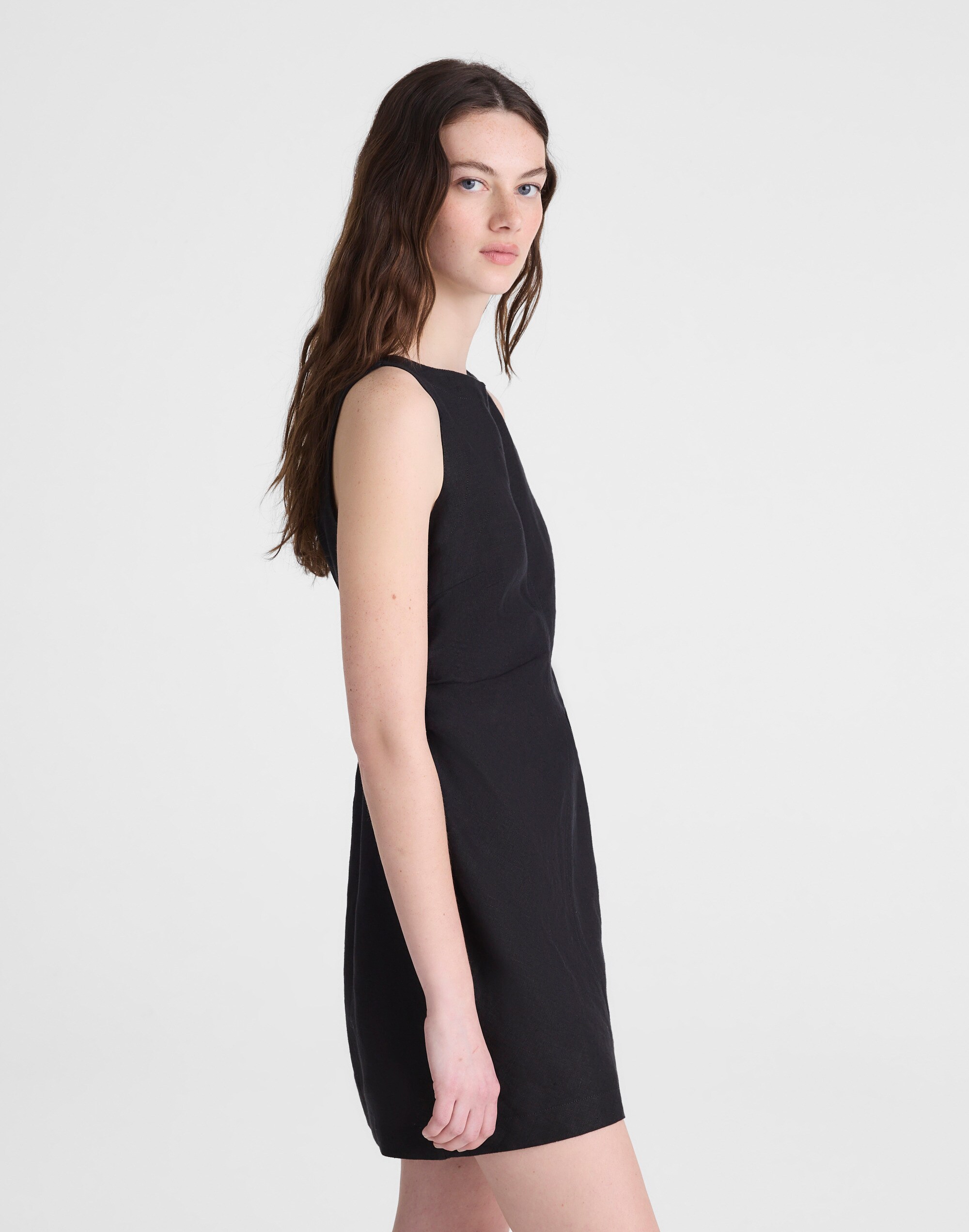 Boatneck Shirred Mini Dress in 100% Linen