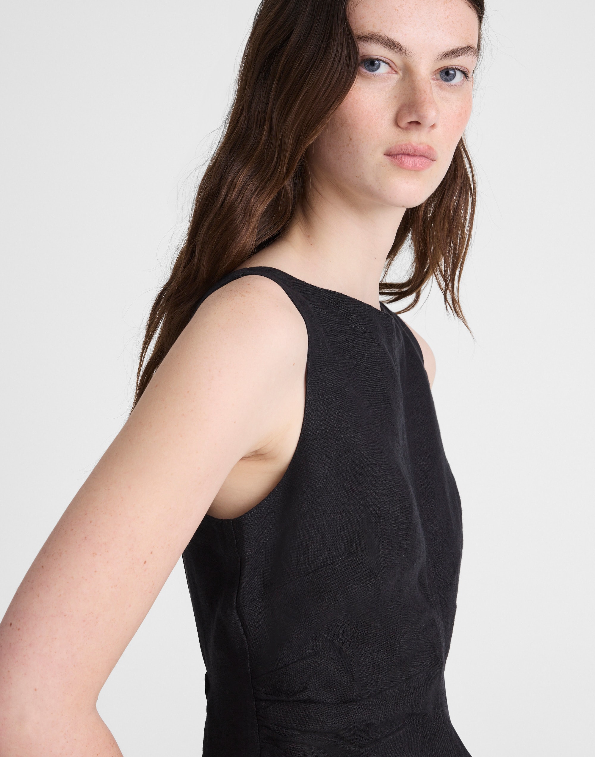 Boatneck Shirred Mini Dress in 100% Linen