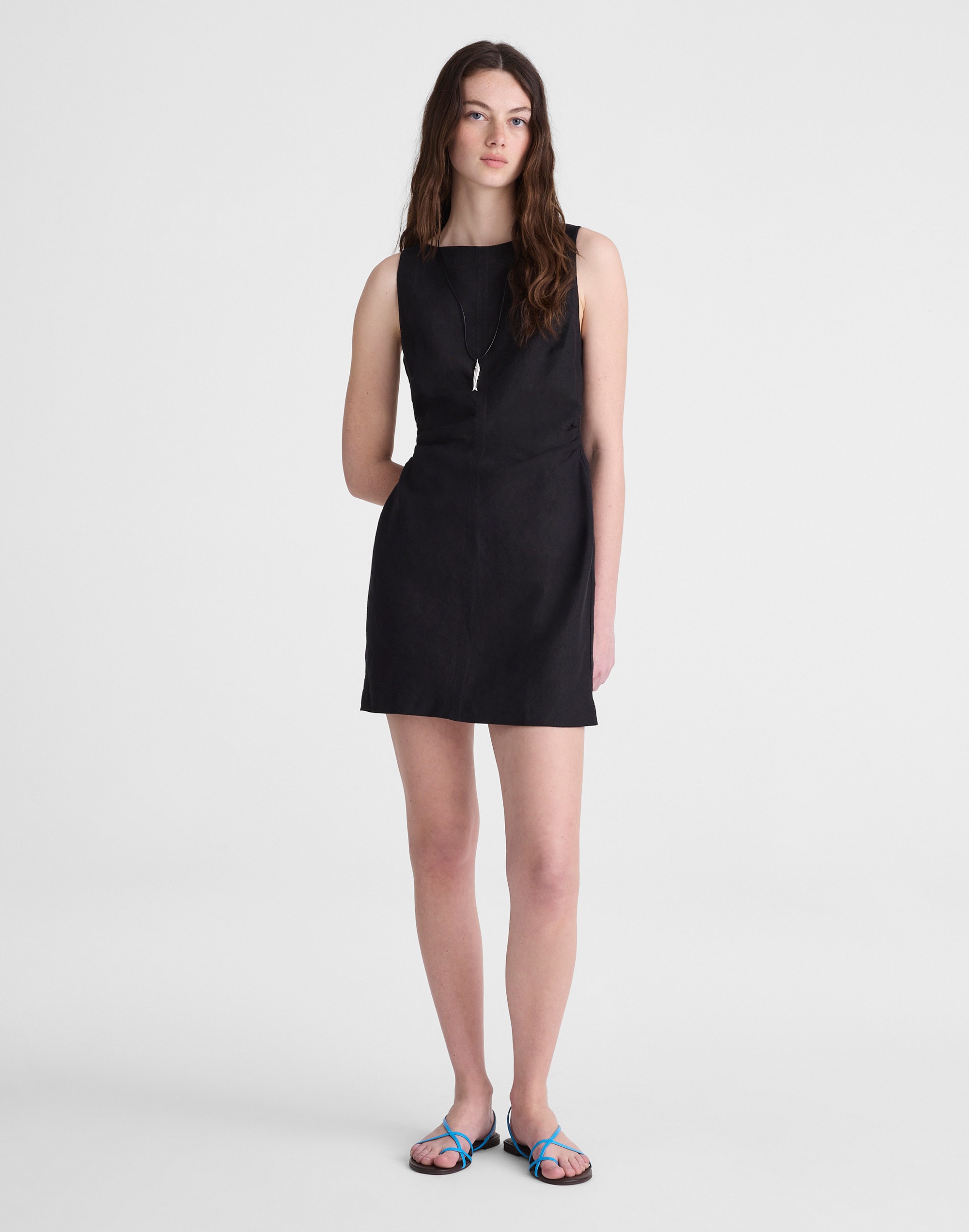 boatneck shirred mini dress in 100% linen