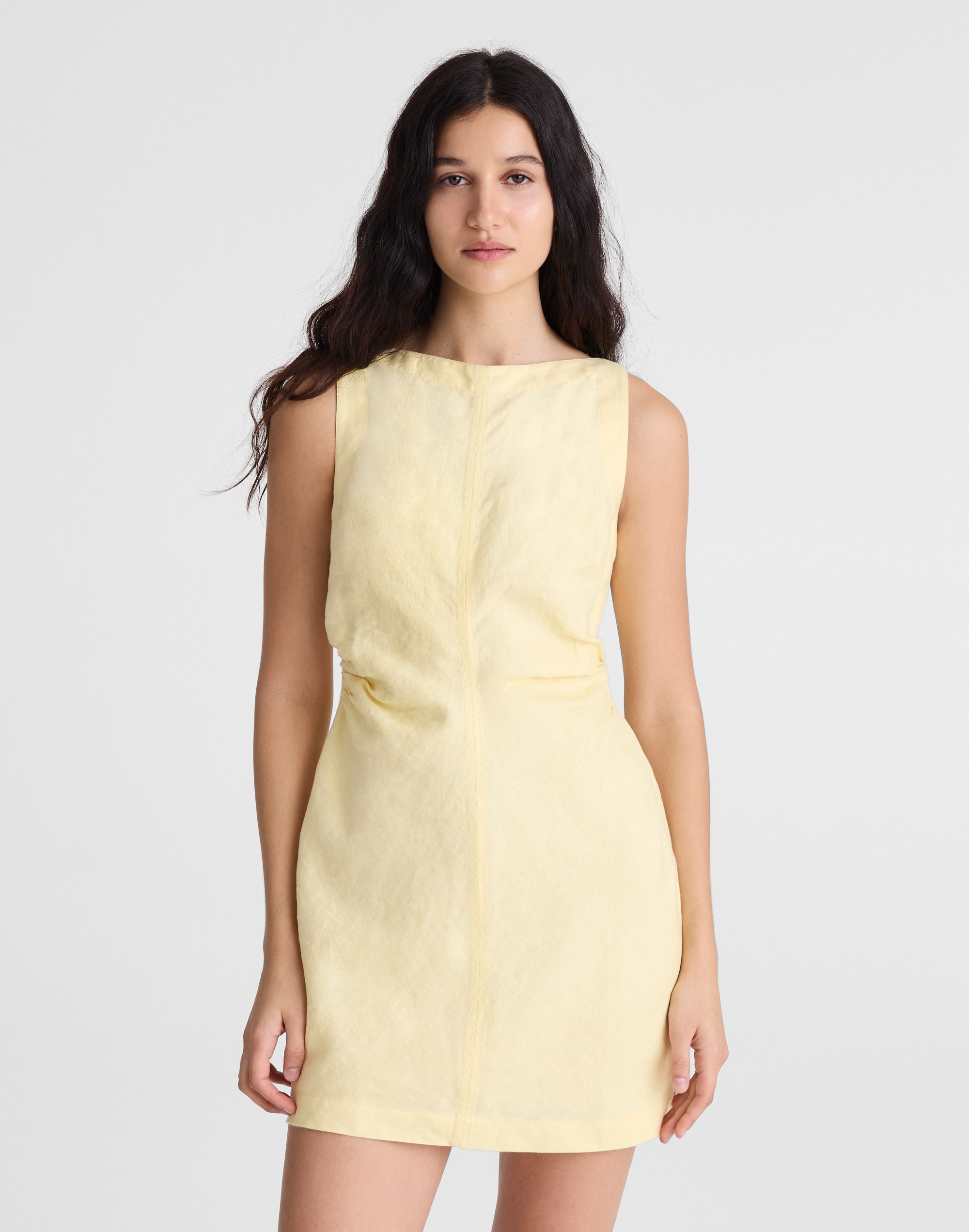 Boatneck Shirred Mini Dress in 100% Linen