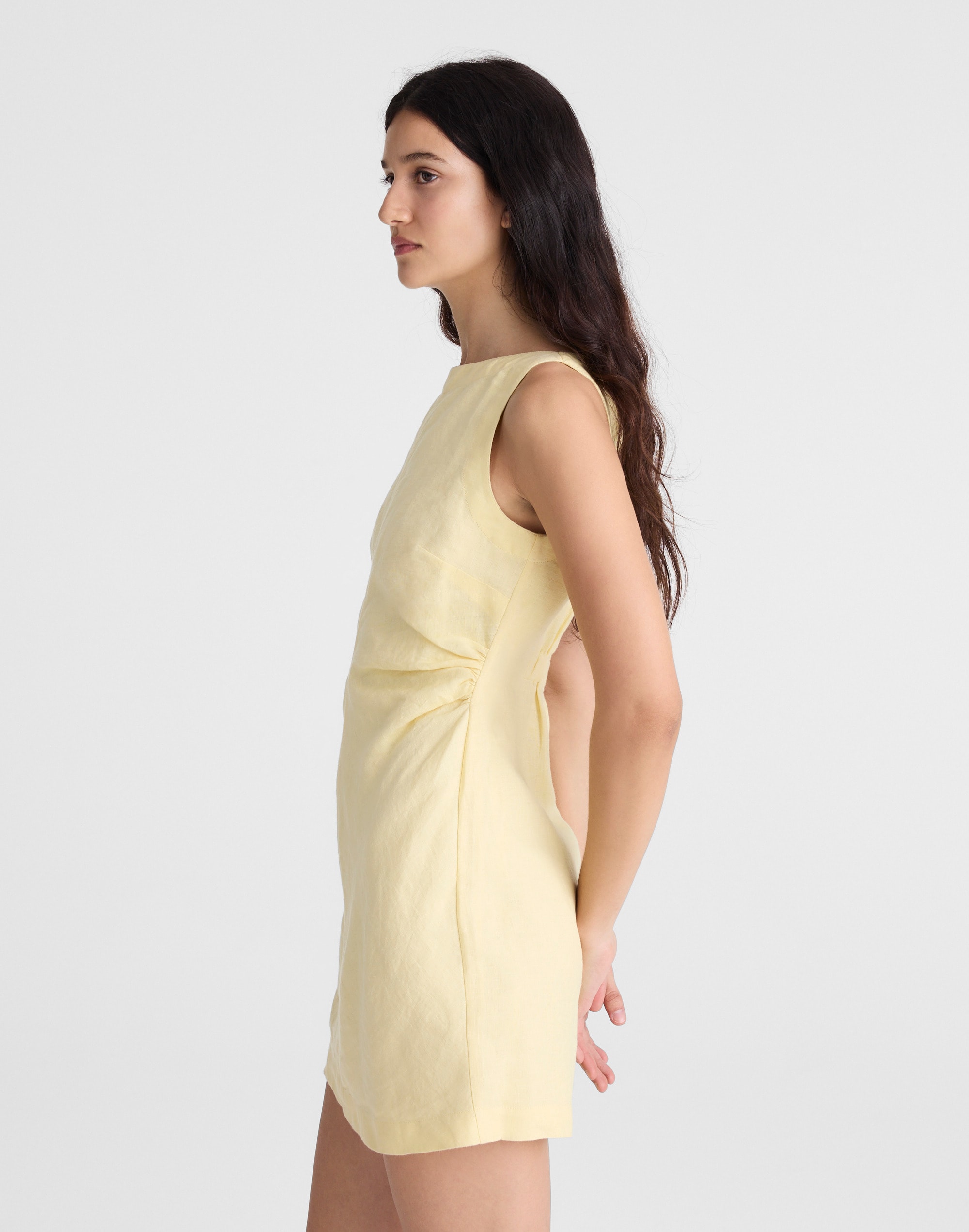 Boatneck Shirred Mini Dress in 100% Linen