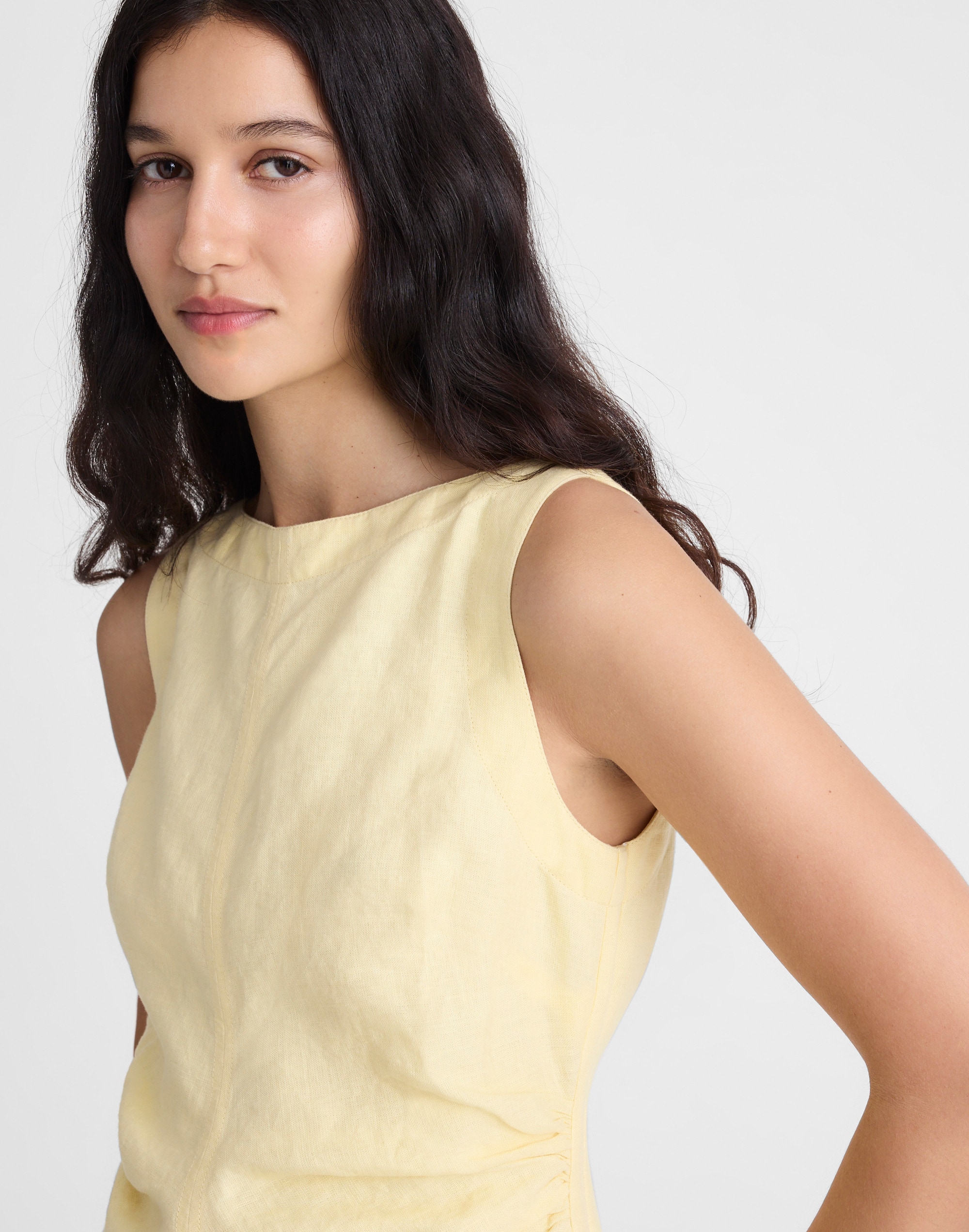 Boatneck Shirred Mini Dress in 100% Linen