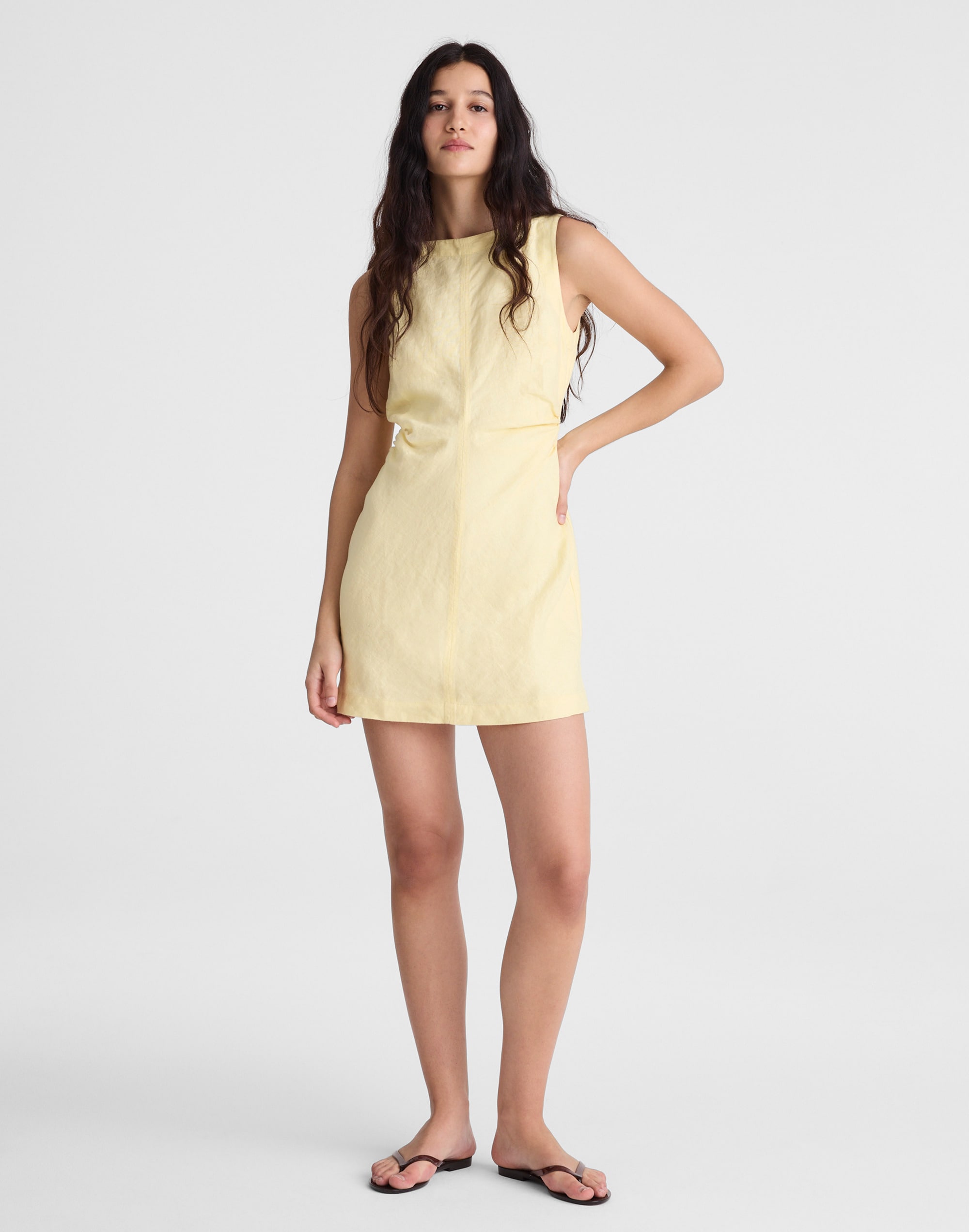 Boatneck Shirred Mini Dress in 100% Linen