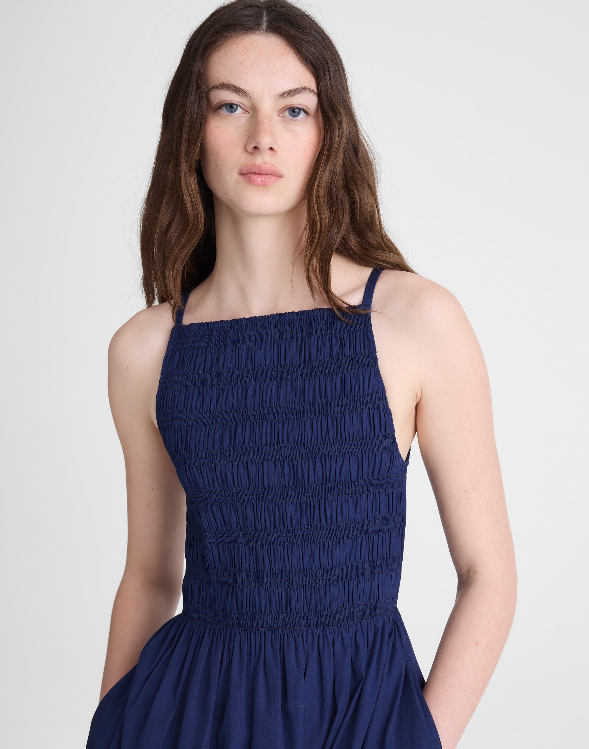 Smocked High-Neck Mini Dress