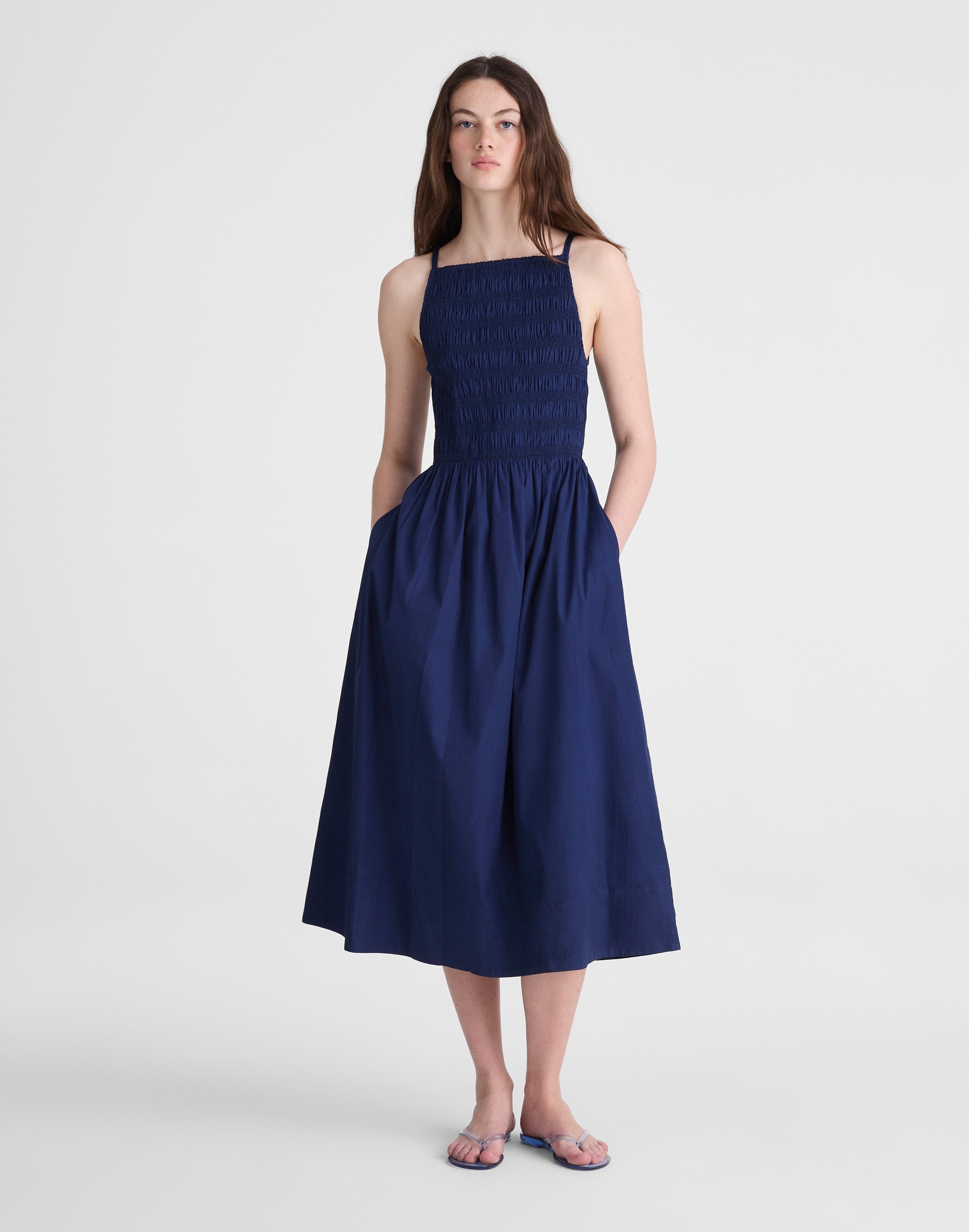 Madewell Smocked High-neck Midi Dress In Blue