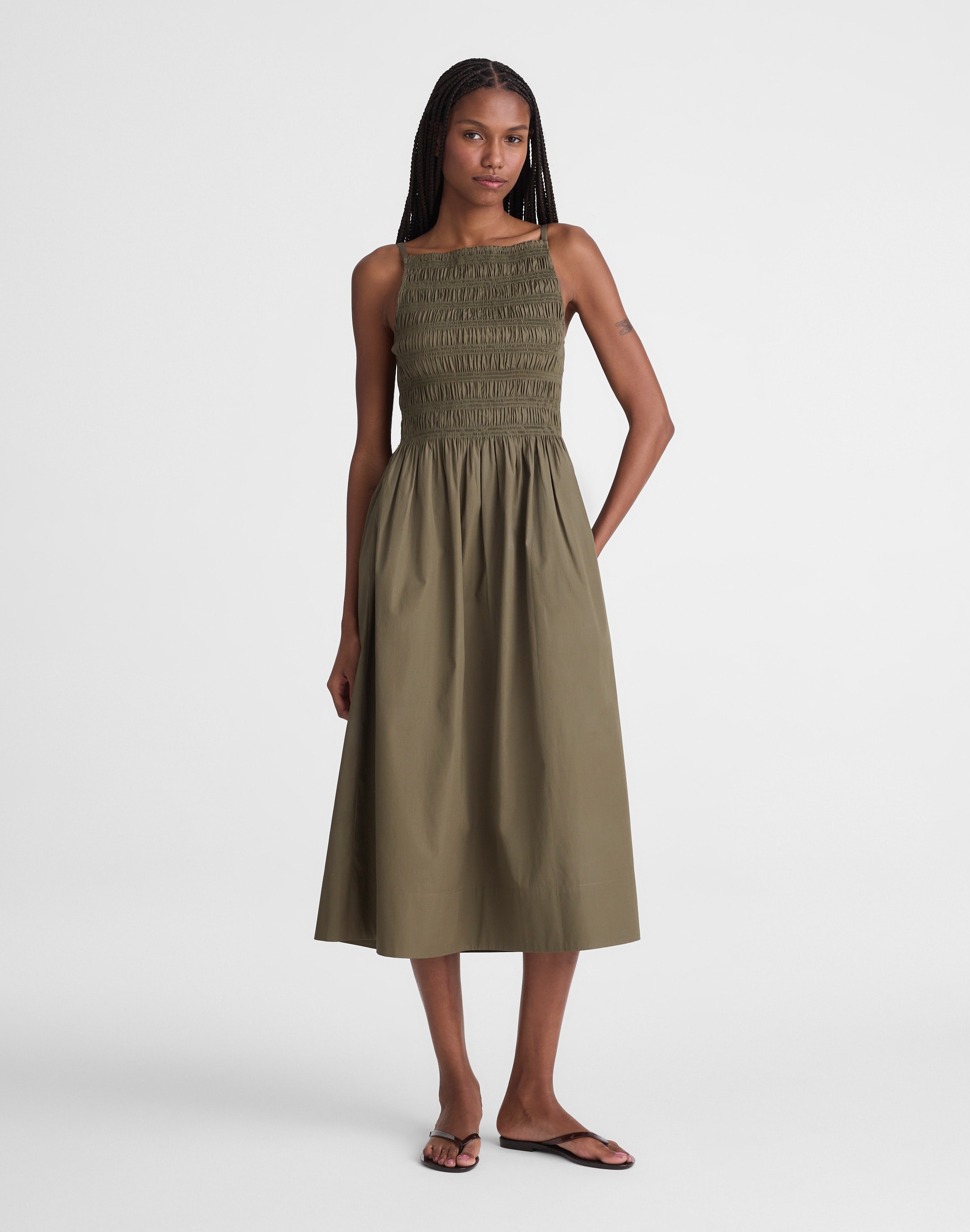 Madewell Smocked Boatneck Midi Dress Faded Ivy In Green