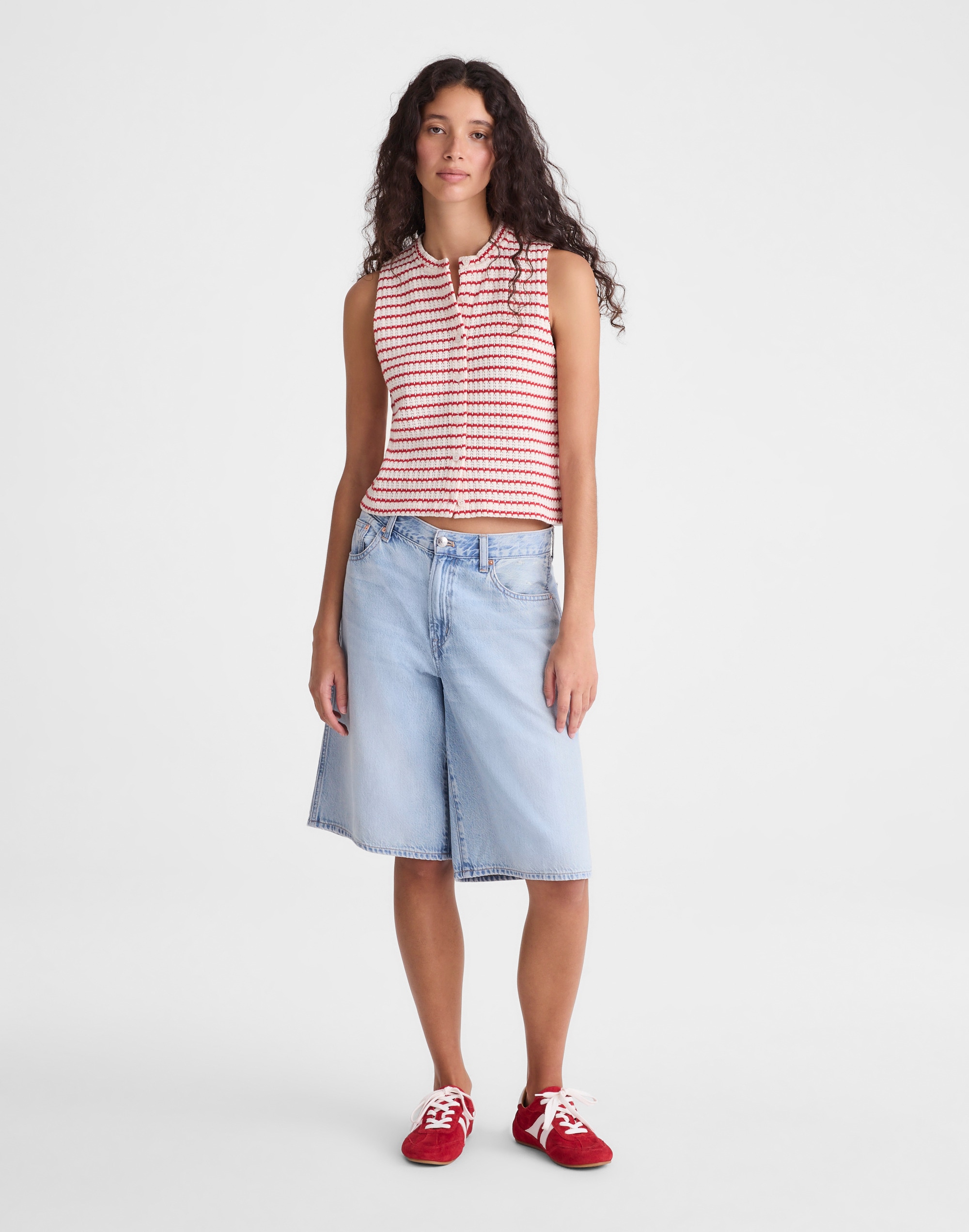 Textured-Knit  Button-Front Shell Top