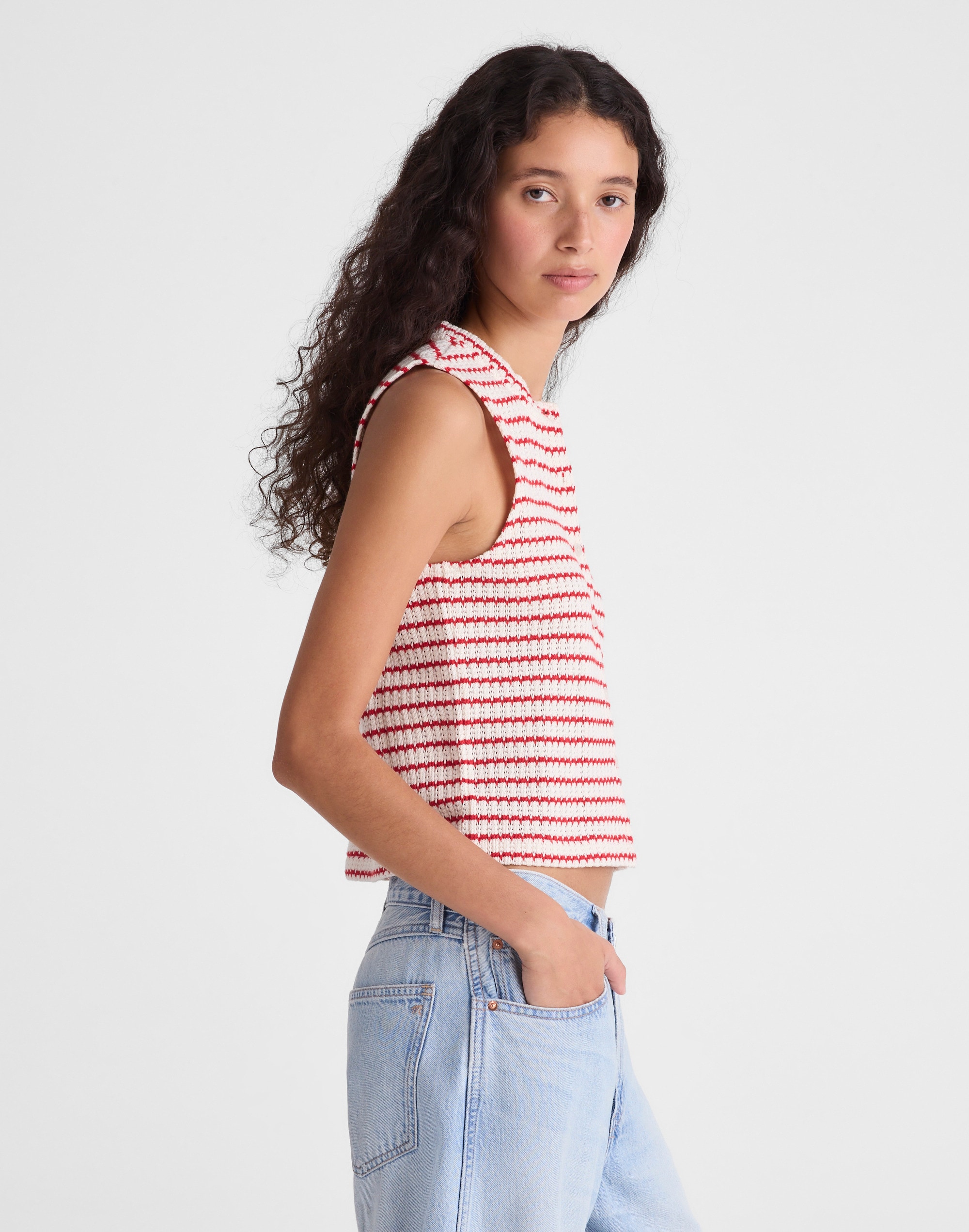 Textured-Knit  Button-Front Shell Top
