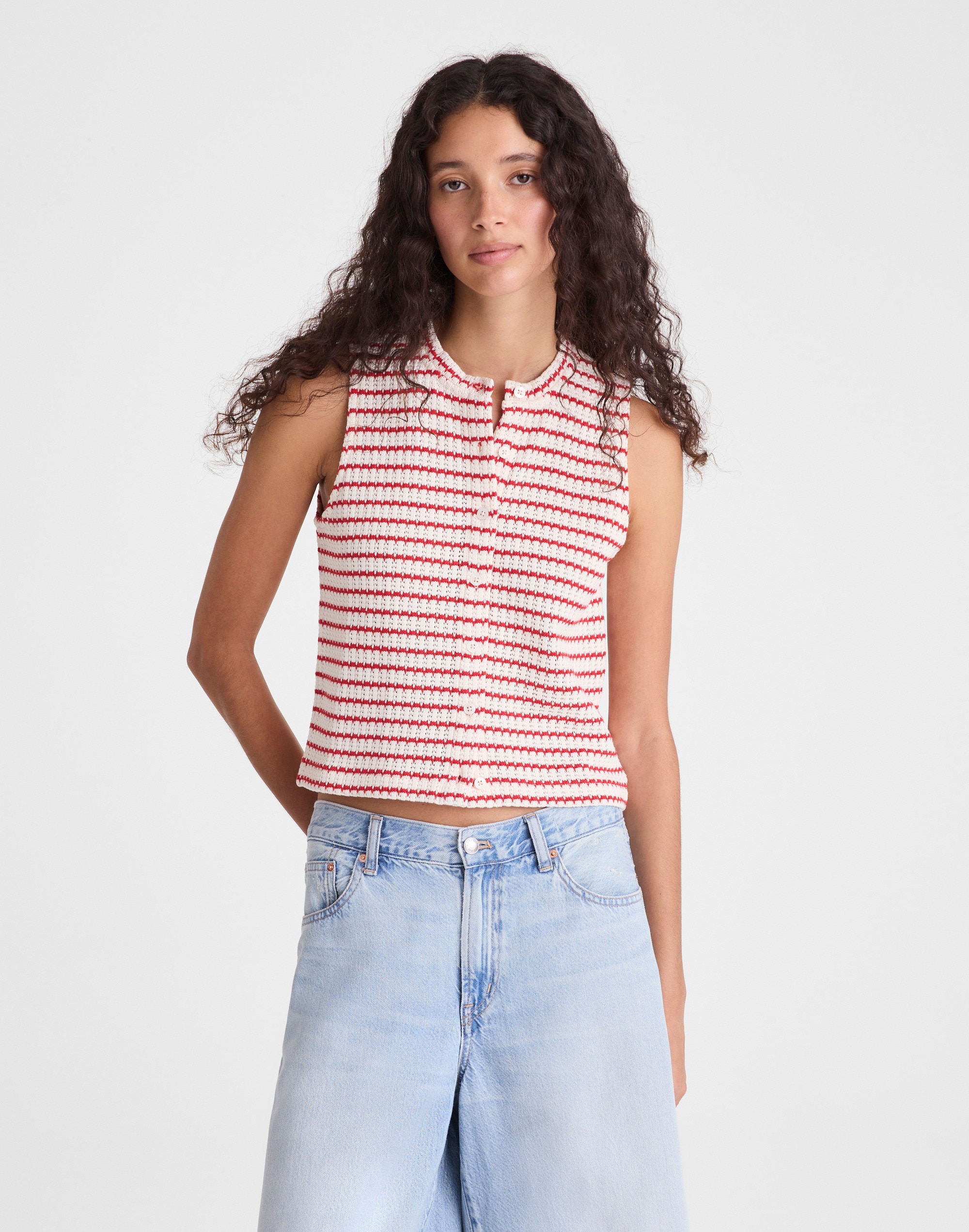 Textured-Knit  Button-Front Shell Top