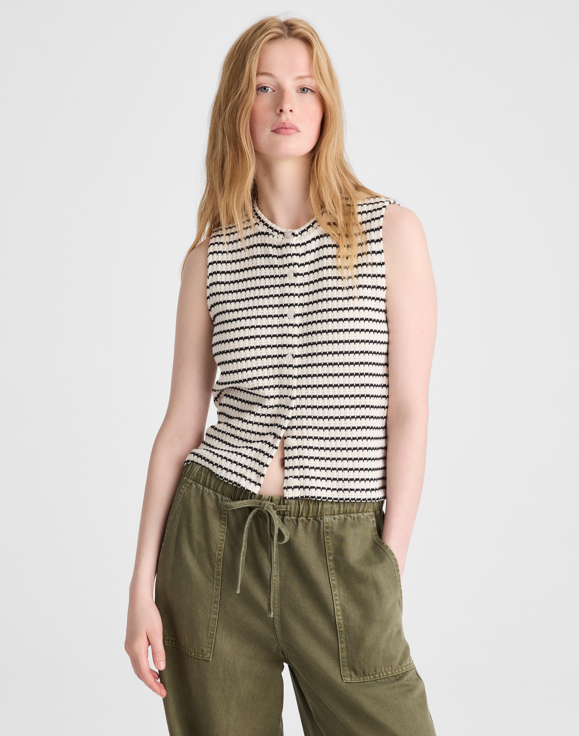 textured-knit  button-front shell top