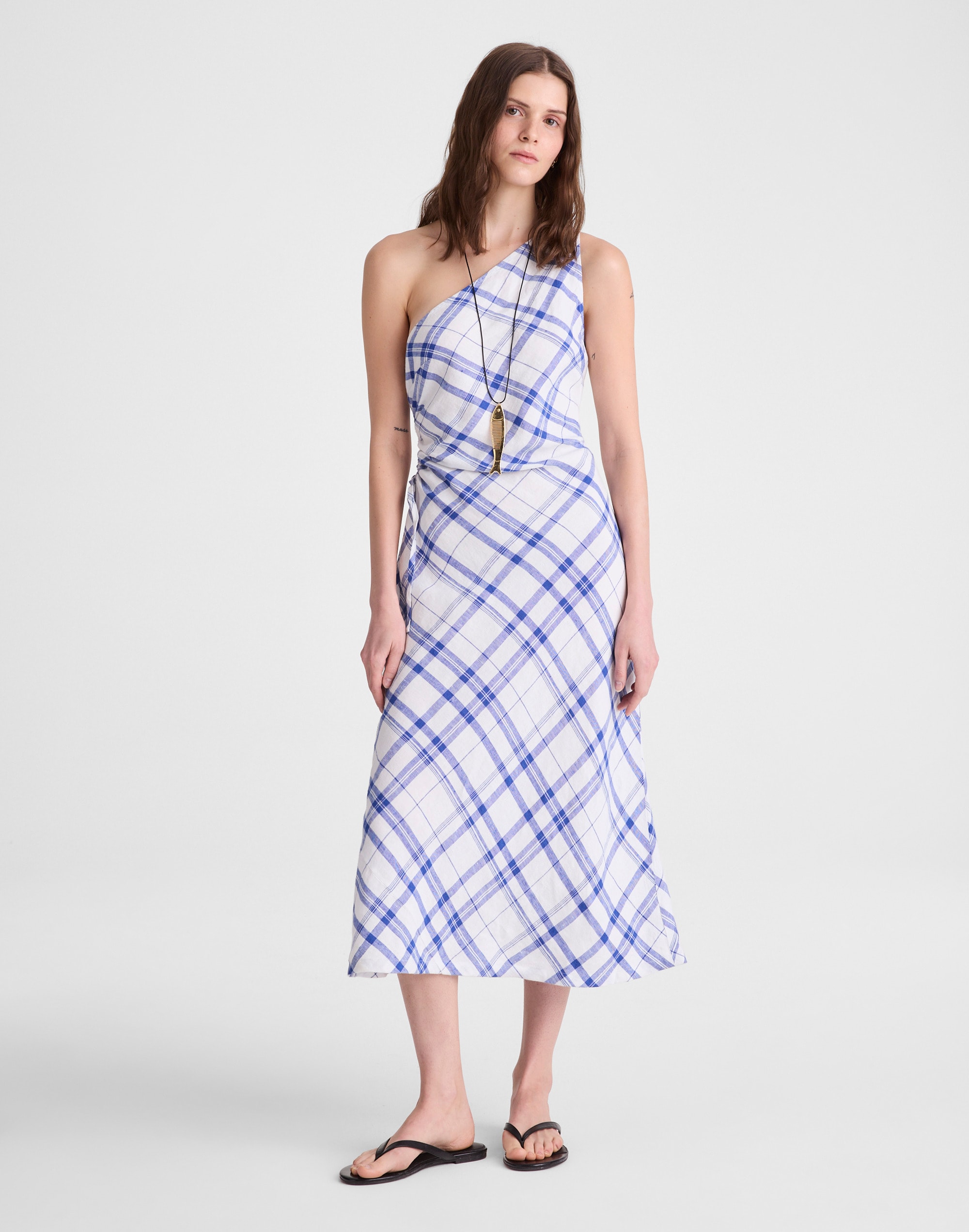 ruched one-shoulder midi dress