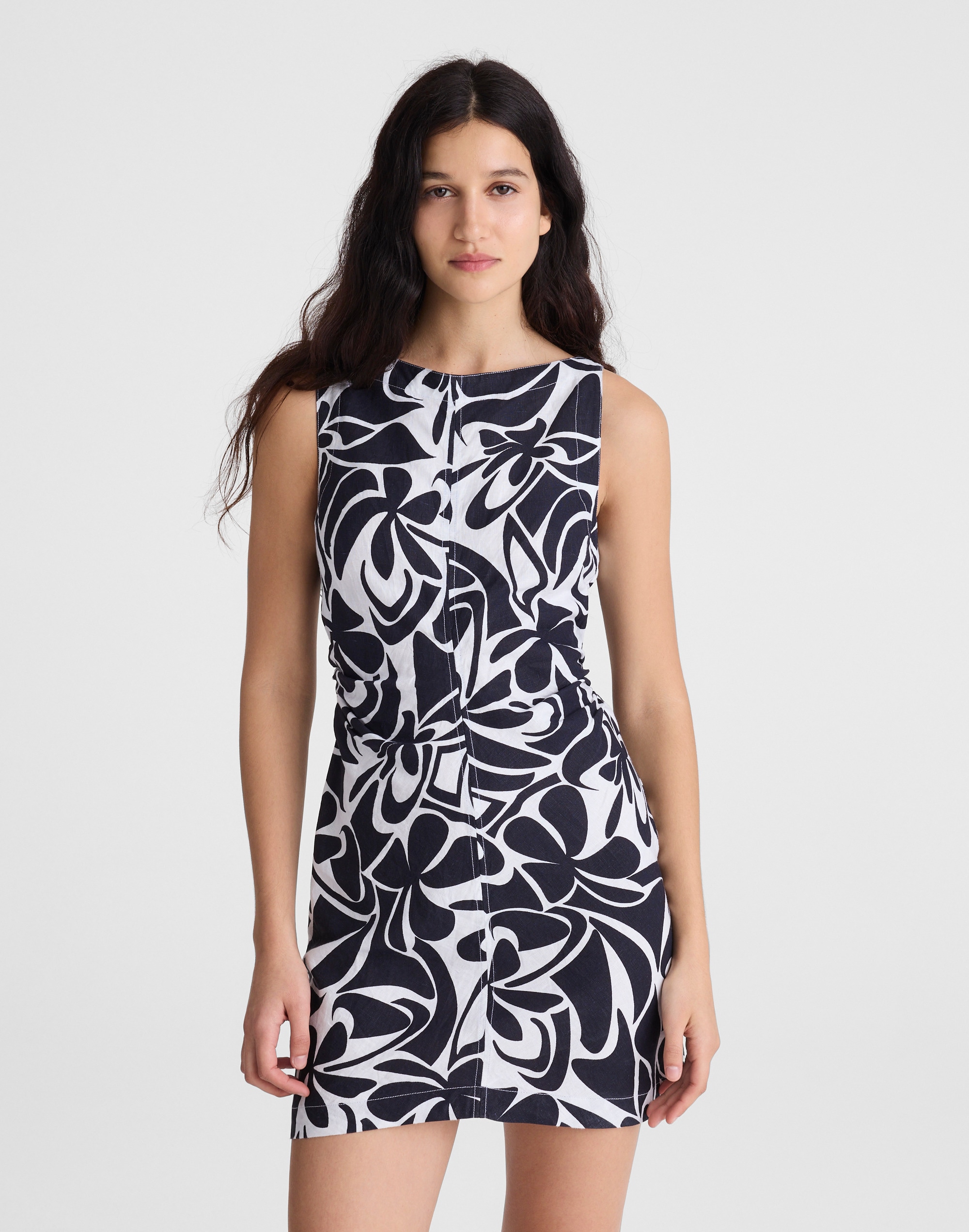 Boatneck Shirred Mini Dress in 100% Linen